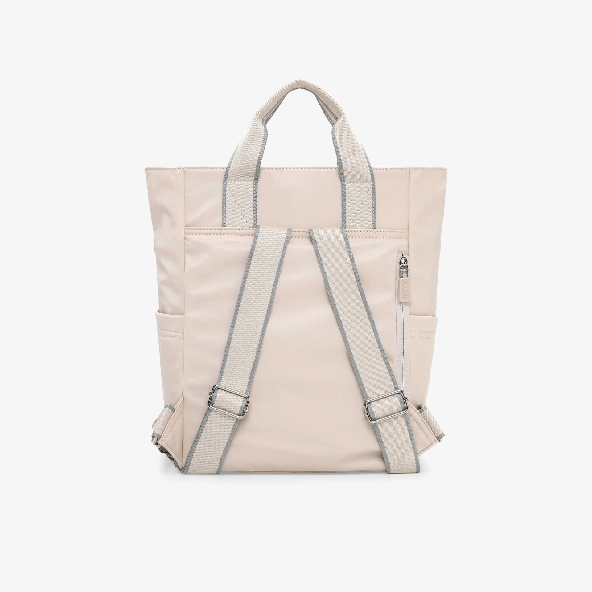 Beiger Rucksack mit verstellbaren Trägern und mehreren Fächern, Rückansicht gut sichtbar