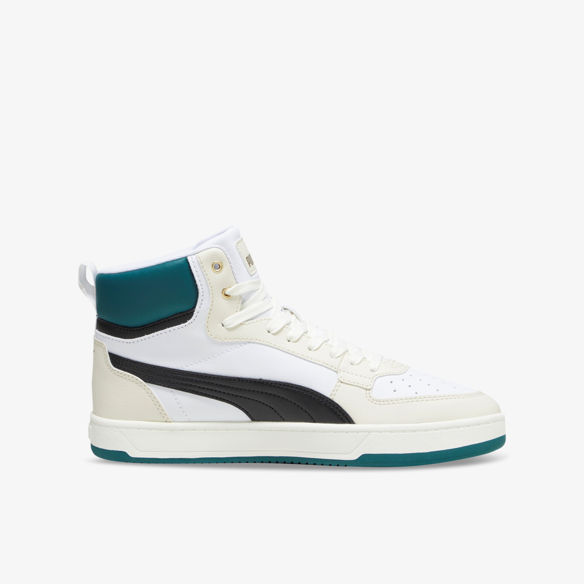 Stilvoller weißer High-Top-Sneaker mit schwarzem Akzent und türkisfarbener Sohle für täglichen Komfort.