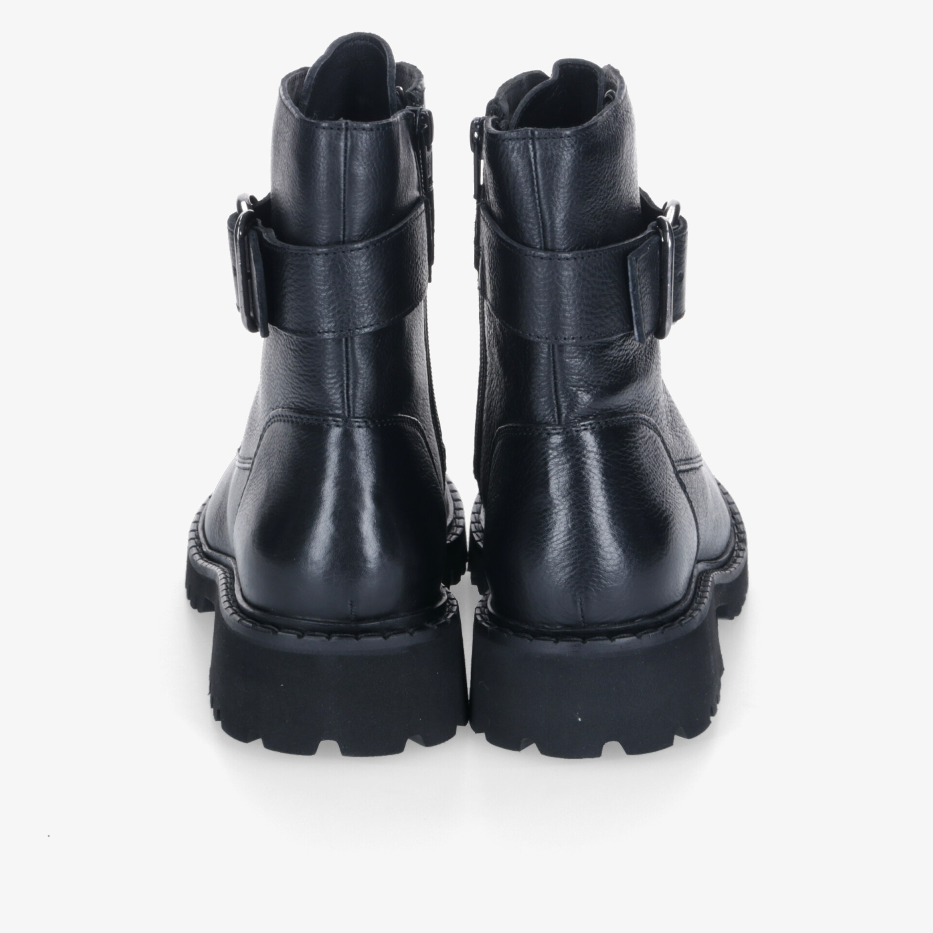 Schwarze Stiefel mit robuster Sohle und Schnallenverschluss. Langlebiges und klassisches Design für bequemen Tragekomfort.