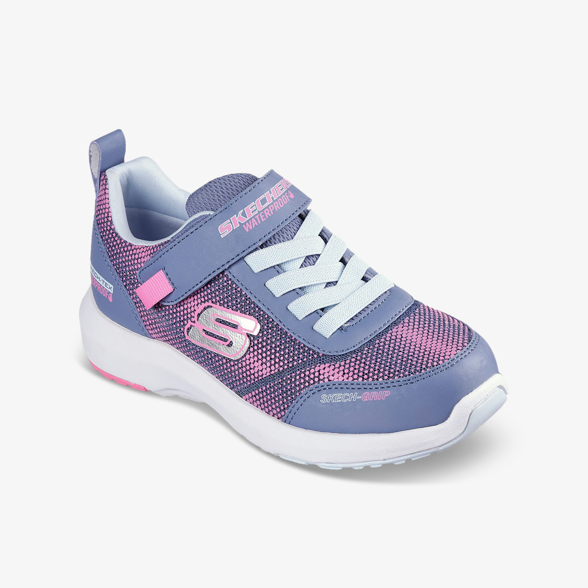 Leichter sportlicher Laufschuh in Blau und Pink mit atmungsaktivem Material und rutschfester Sohle, seitliche Ansicht