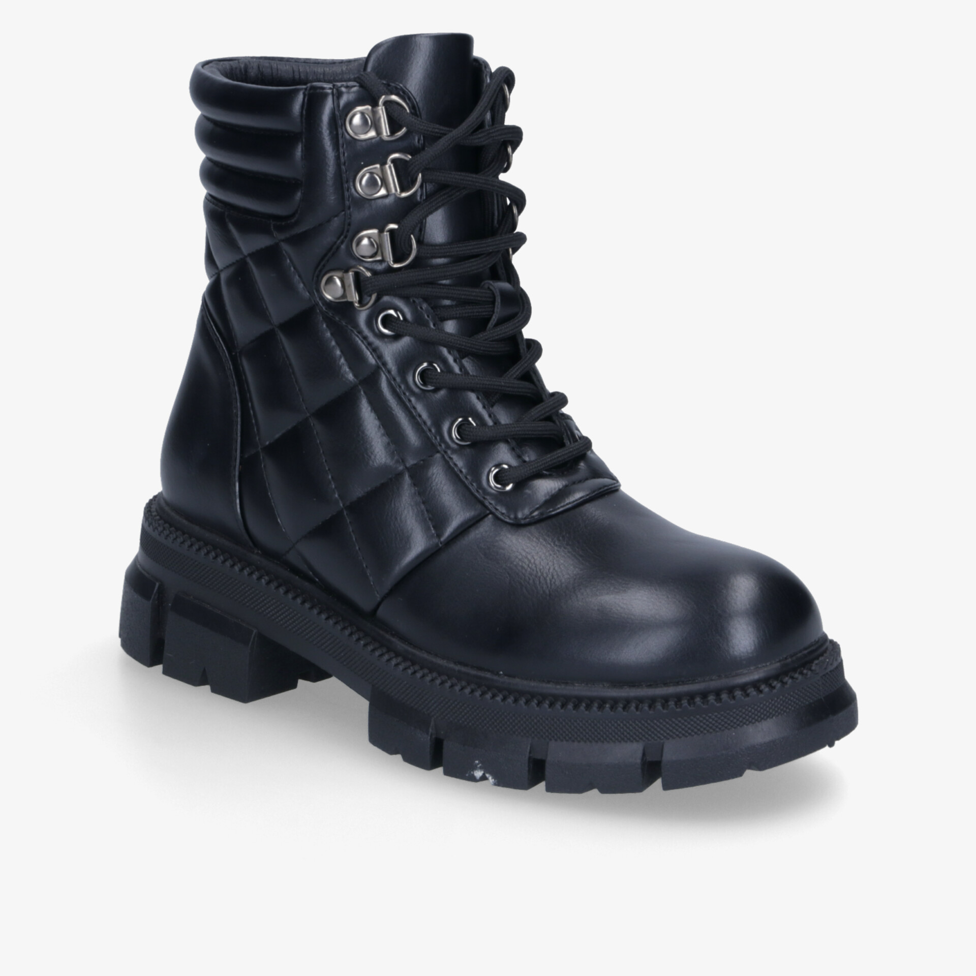 Robuster schwarzer Schnürstiefel mit markanter Profilsohle und stilvollem Design für vielseitige Outfits.