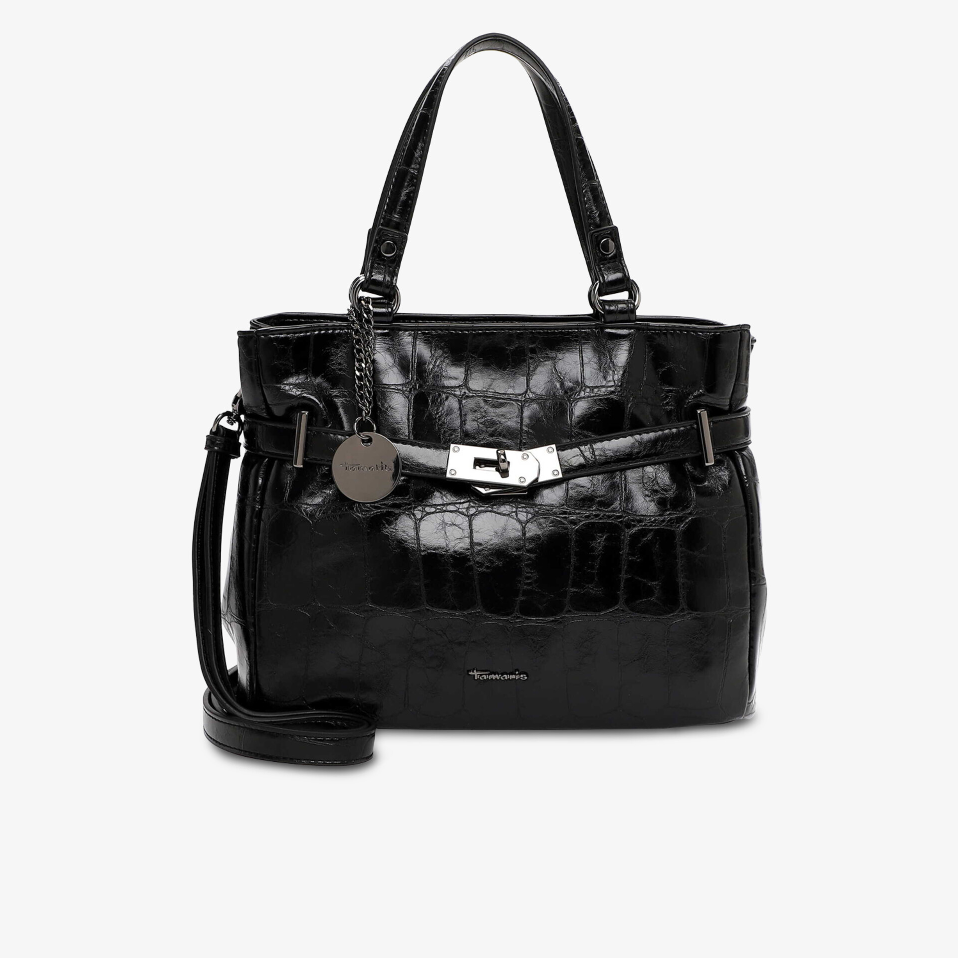 Elegante schwarze Handtasche mit glänzender Krokodilstruktur und robustem Design, geräumig und modisch