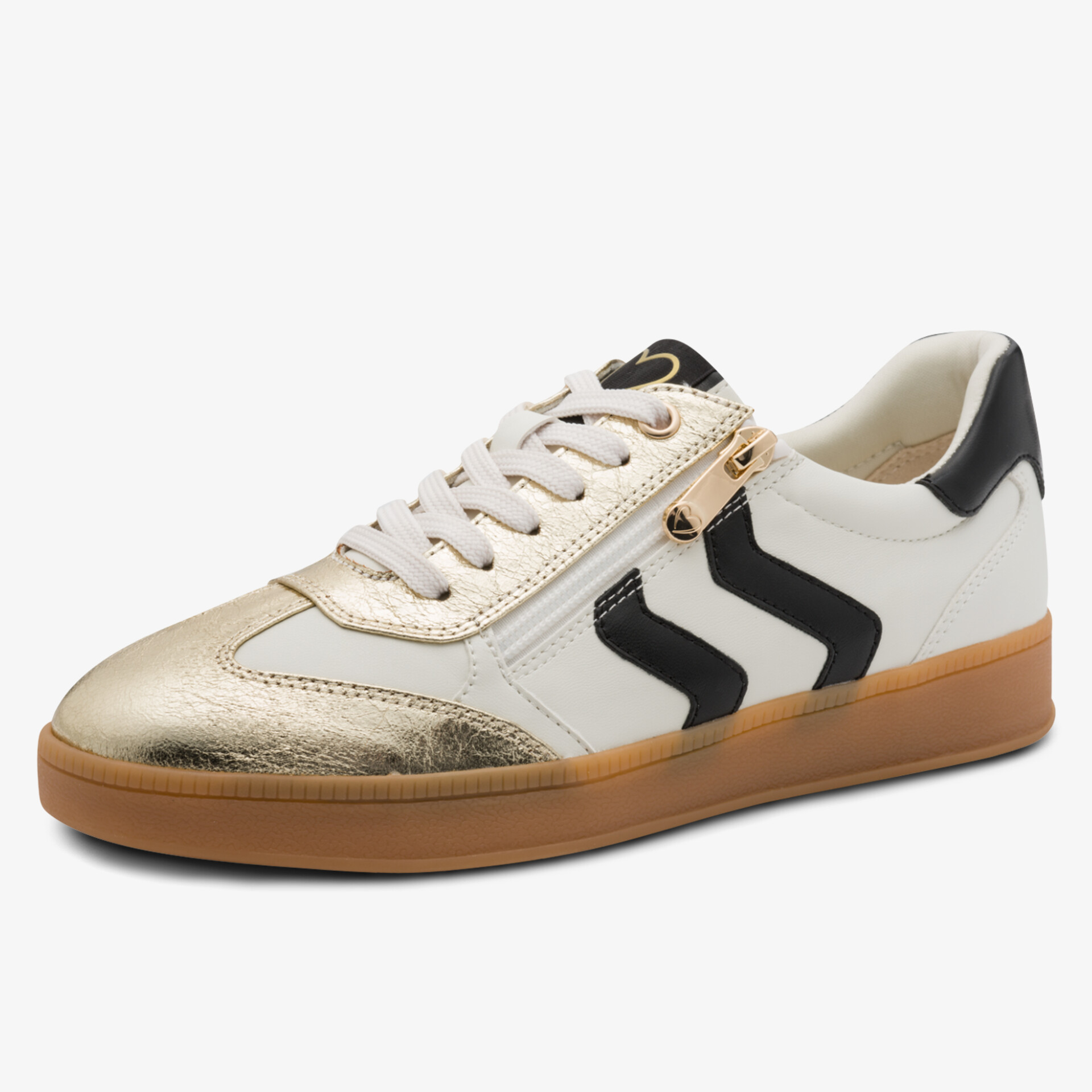 Modischer Sneaker mit goldener Zehenkappe, seitlichem Reißverschluss und robuster Gummisohle für hohen Tragekomfort