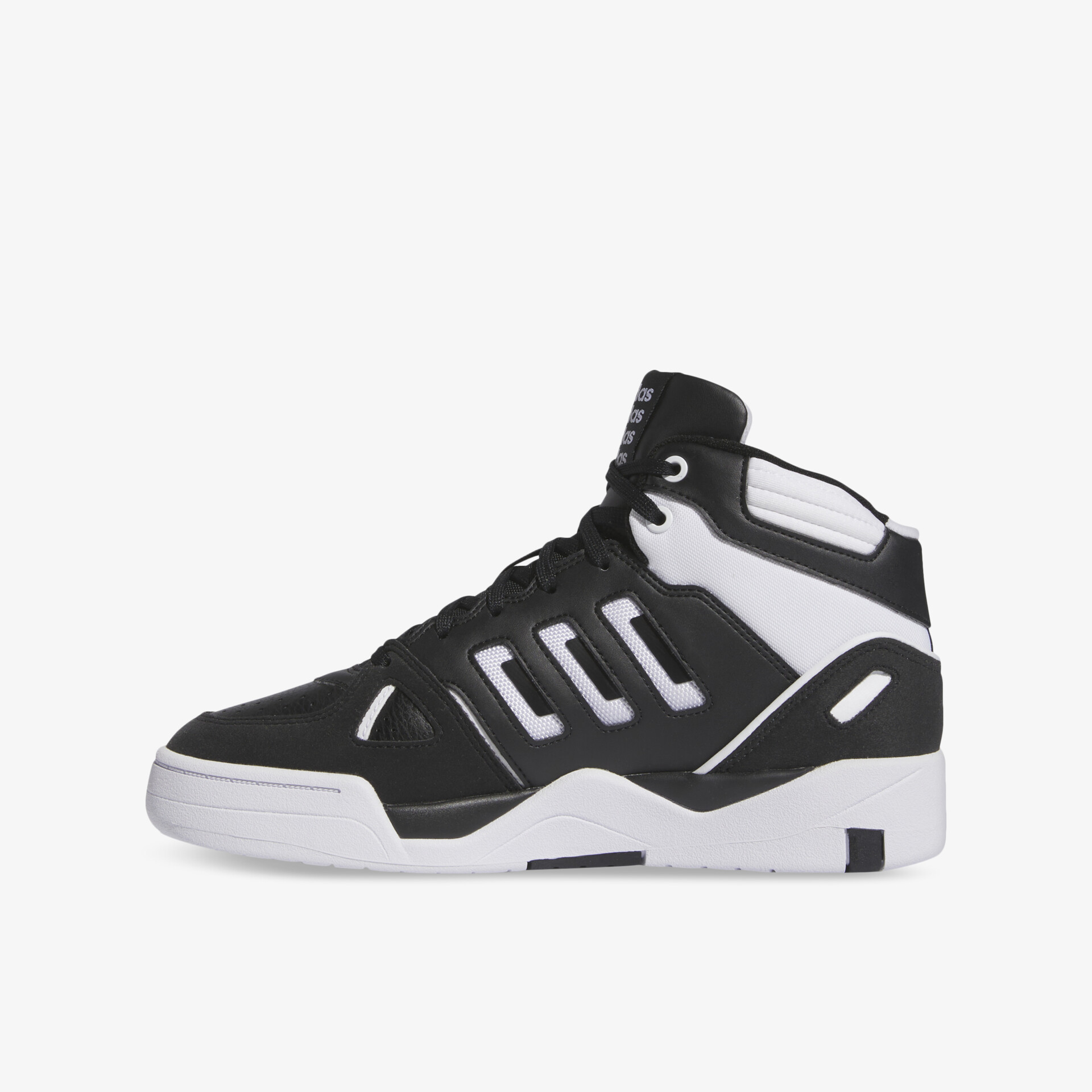 Seitliche Ansicht eines schwarz-weißen High-Top-Sneakers mit modernem Design und robuster Sohle