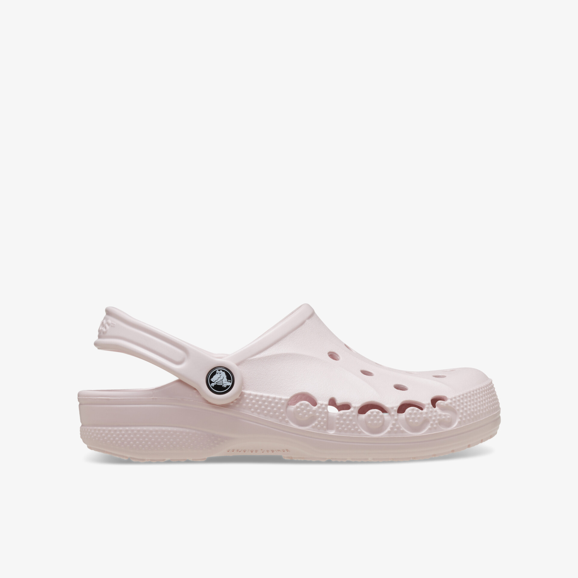 Leichter rosa Crocs Schuh mit atmungsaktiven Löchern und flexibler, rutschfester Sohle in seitlicher Ansicht