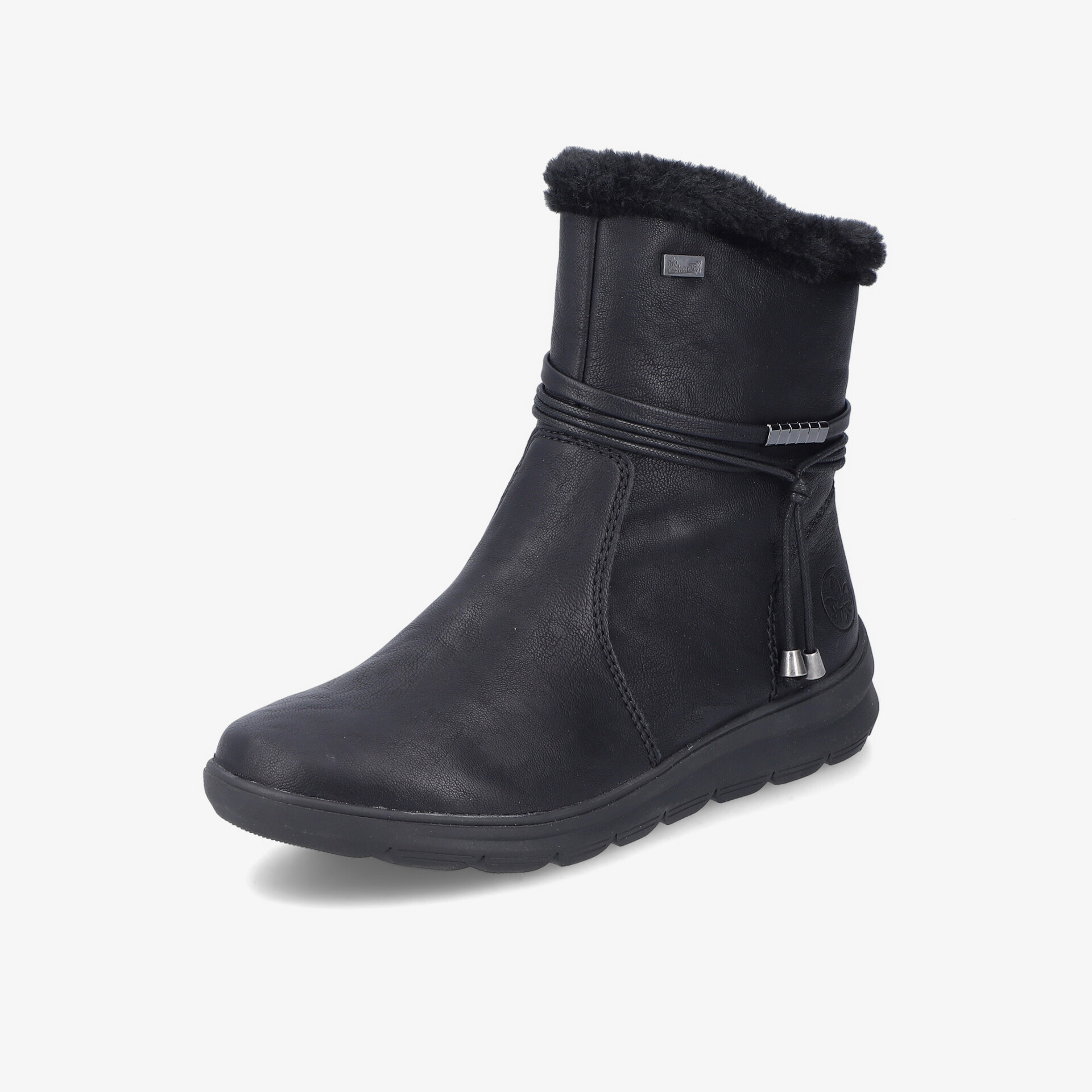 Warmer schwarzer Winterstiefel mit weichem Fellfutter, bequemer Passform und rutschfester Sohle in seitlicher Ansicht