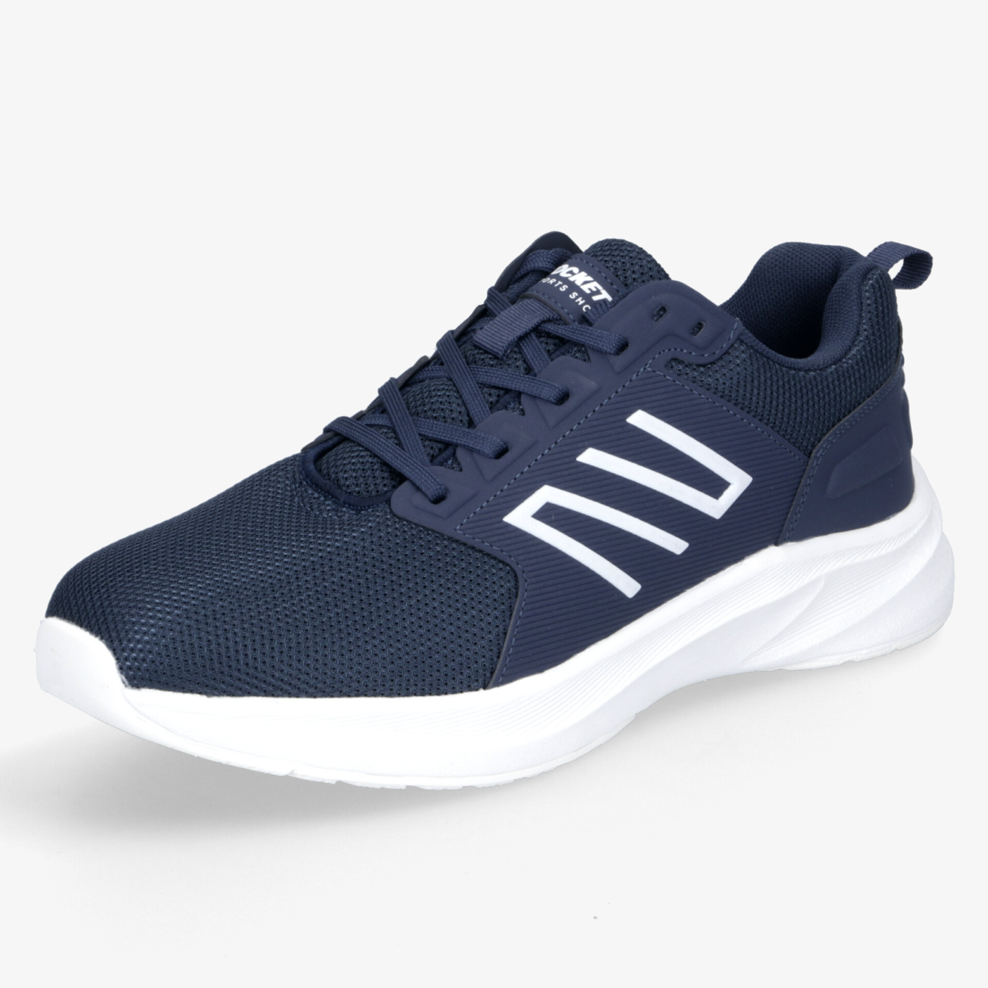 Leichter navy-blauer Sportschuh mit weißer Sohle, atmungsaktiv und komfortabel für vielseitigen Einsatz.