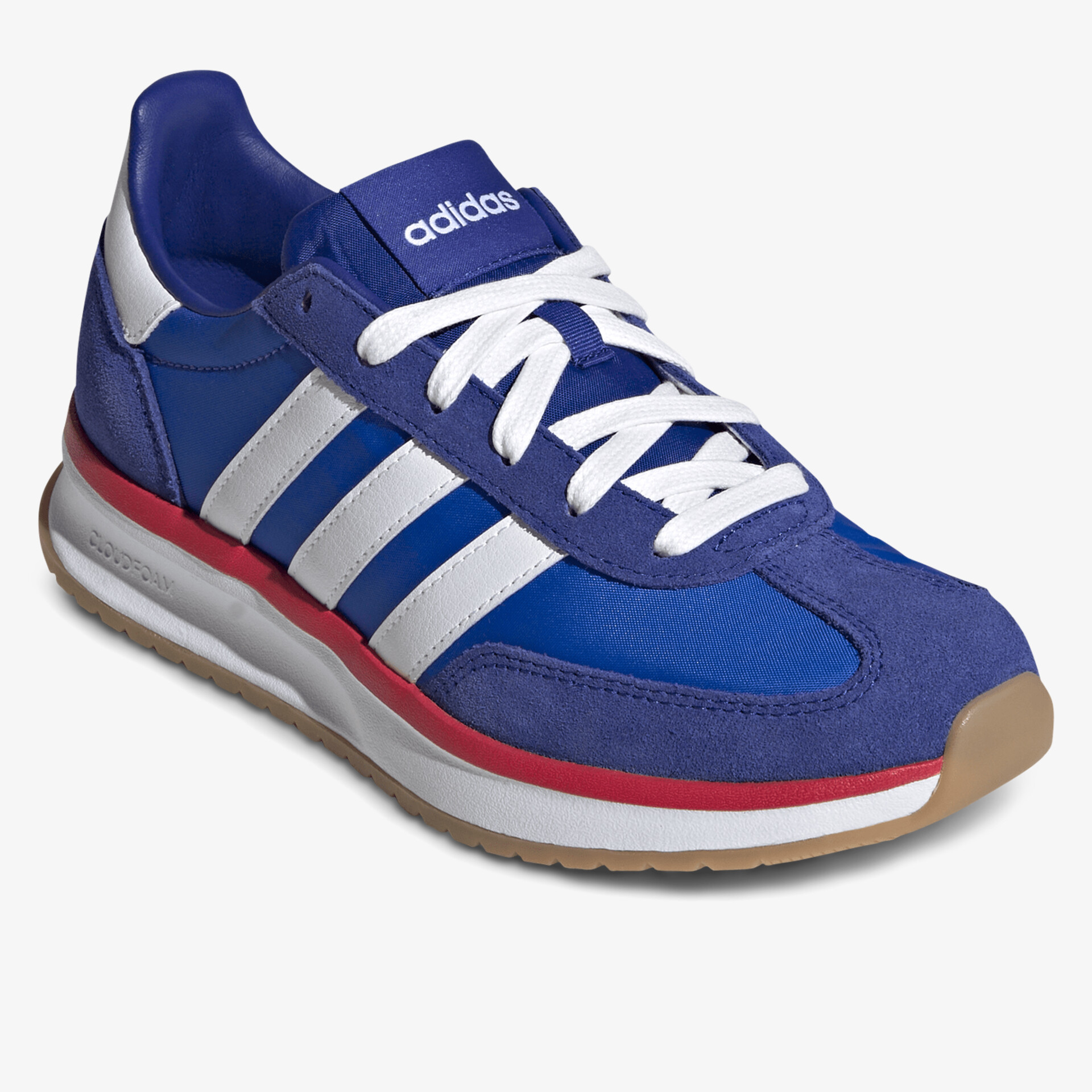 Blauer sportlicher Sneaker mit weißen Streifen, leichter Sohle und bequemem Tragekomfort