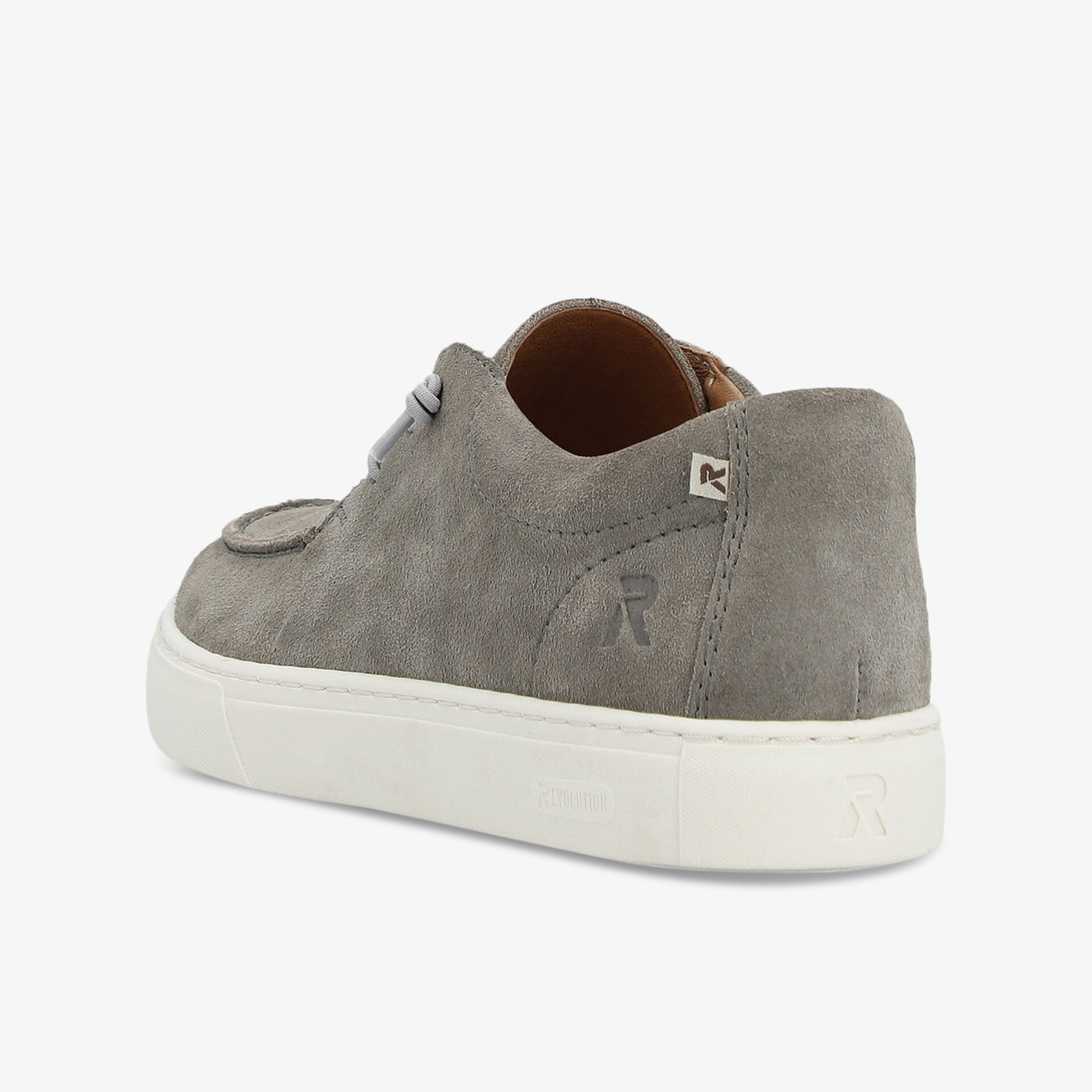 Grauer Sneaker mit weißer Sohle in seitlicher Ansicht, modernes Design und bequeme Passform sichtbar