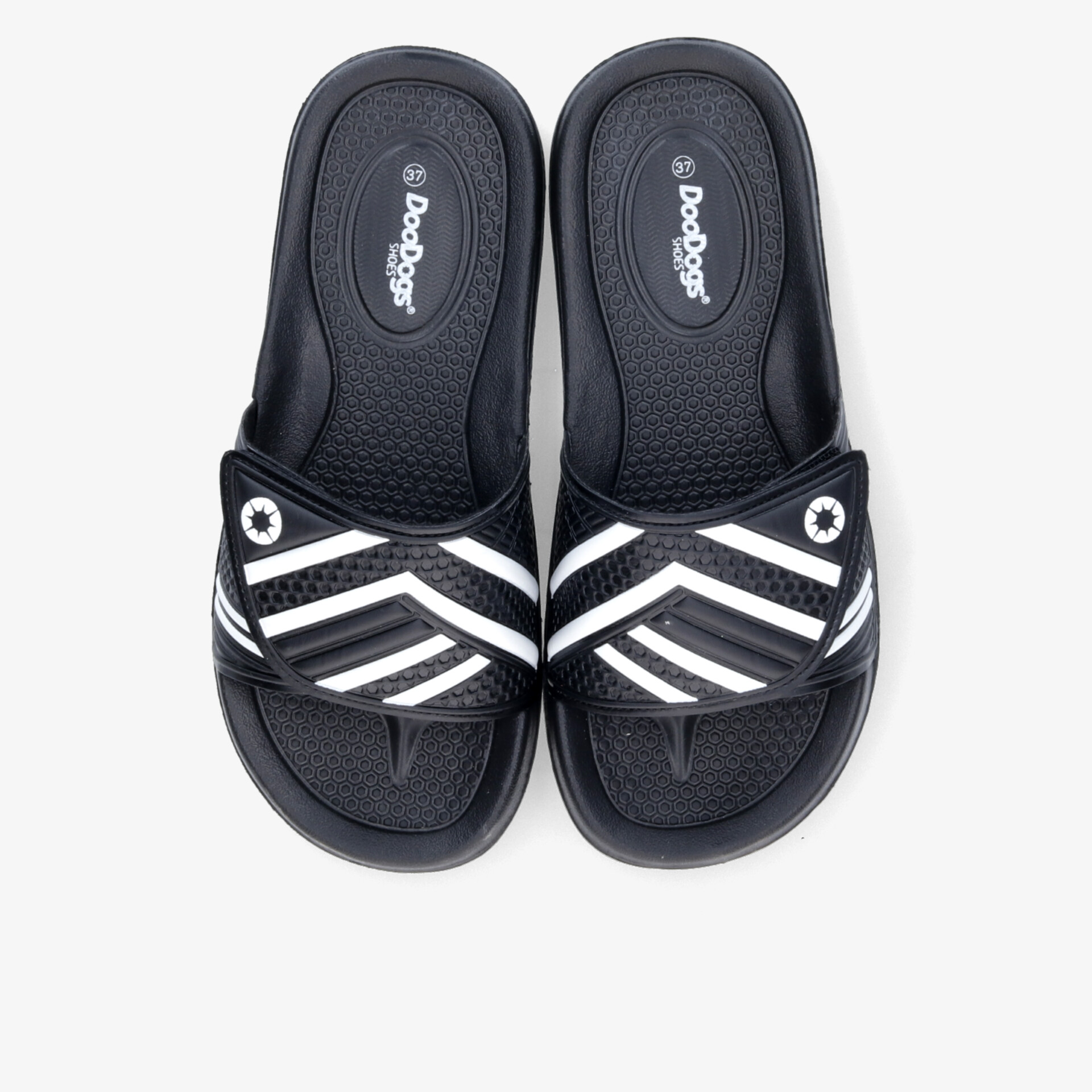Sportliche schwarze Badelatschen mit weißem Streifendetail, gepolsterter Innensohle für hohen Tragekomfort, rutschfest und robust