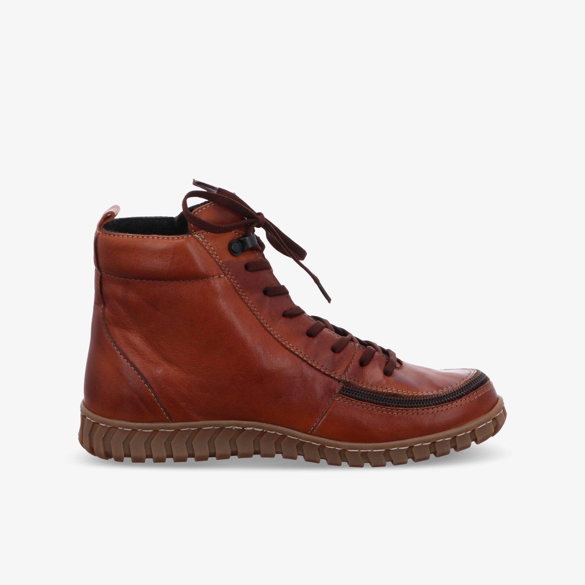 Robuster brauner Freizeitstiefel aus Leder mit profilierter Gummisohle und bequemer Schnürung, seitliche Ansicht