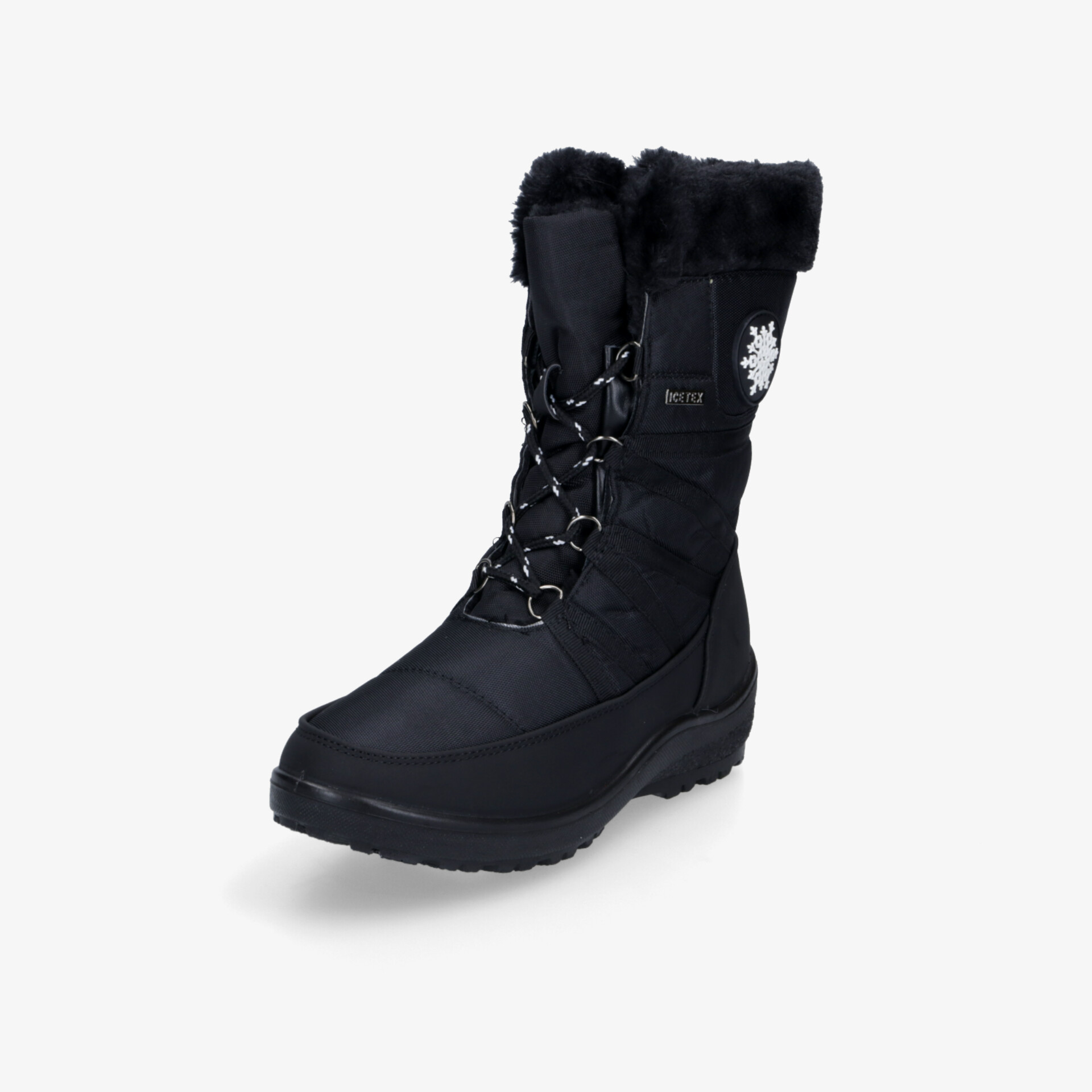 Schwarzer warmer Winterstiefel mit hohem Schaft, wasserabweisendem Material und rutschfester Sohle, schräg vorne gezeigt