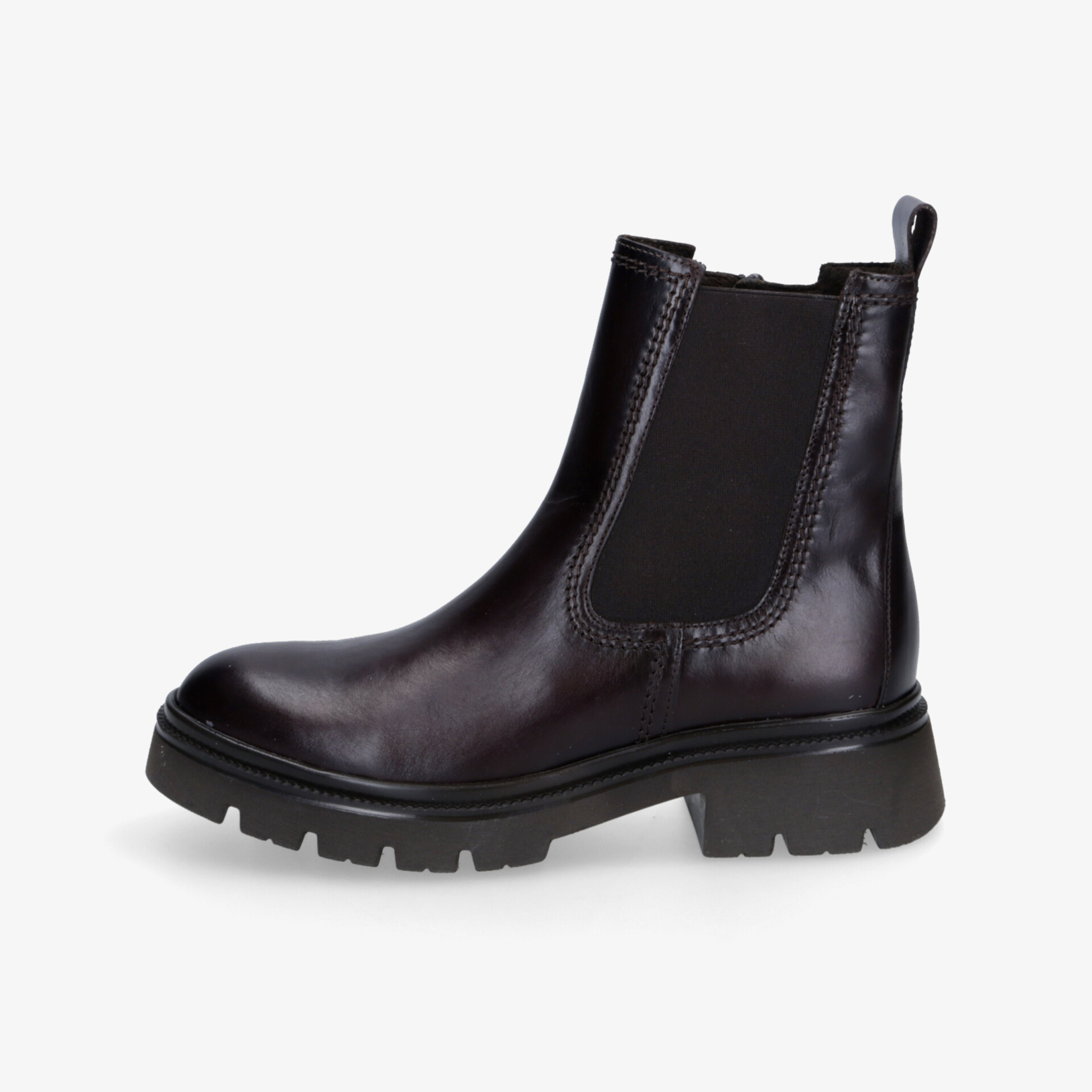 Schwarzer Chelsea Boot seitliche Ansicht mit elastischem Einsatz, robuster Profilsohle und hochwertigem Leder