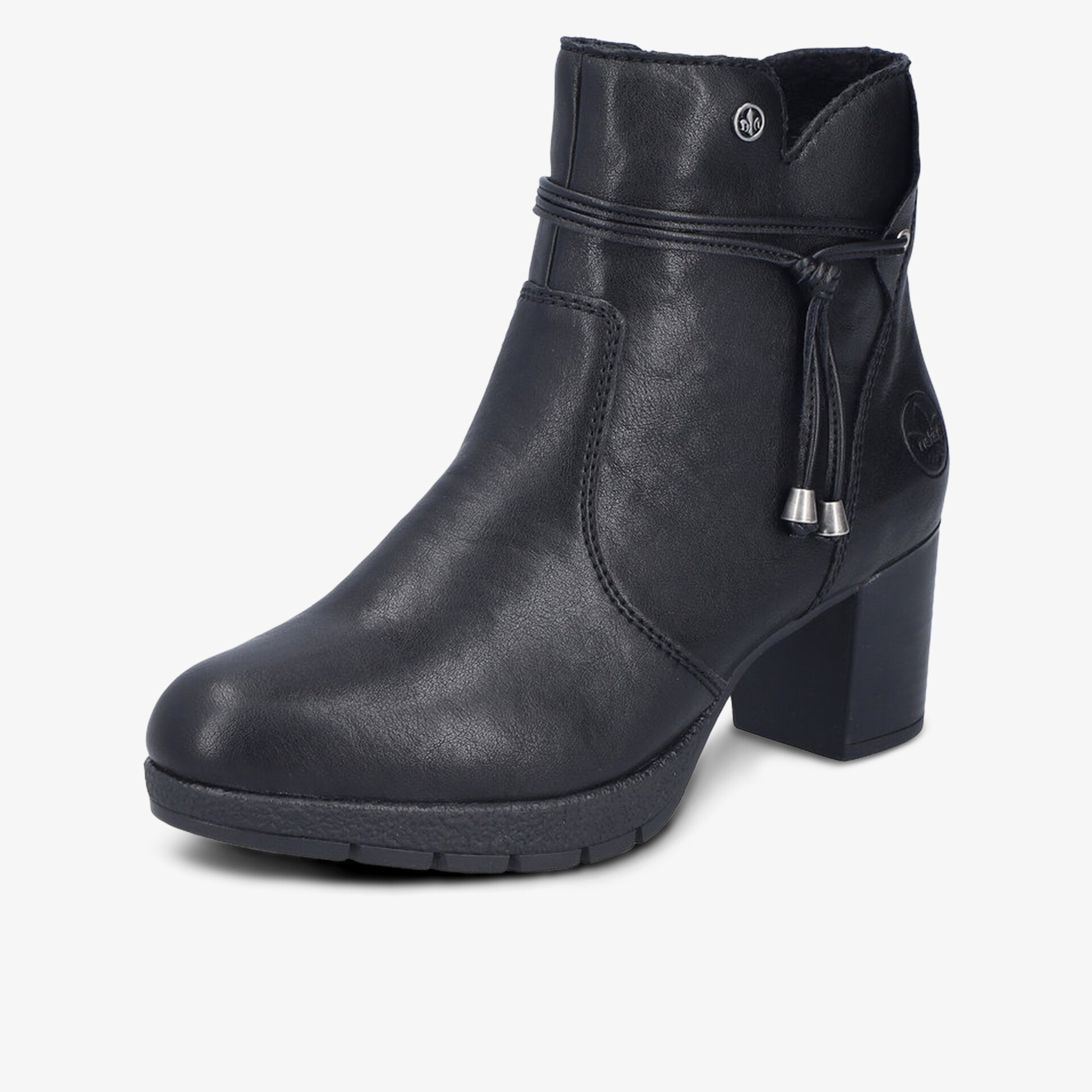 Schwarze Lederstiefelette mit Blockabsatz und seitlichem Reißverschluss, dekorativer Troddel, bequem und elegant