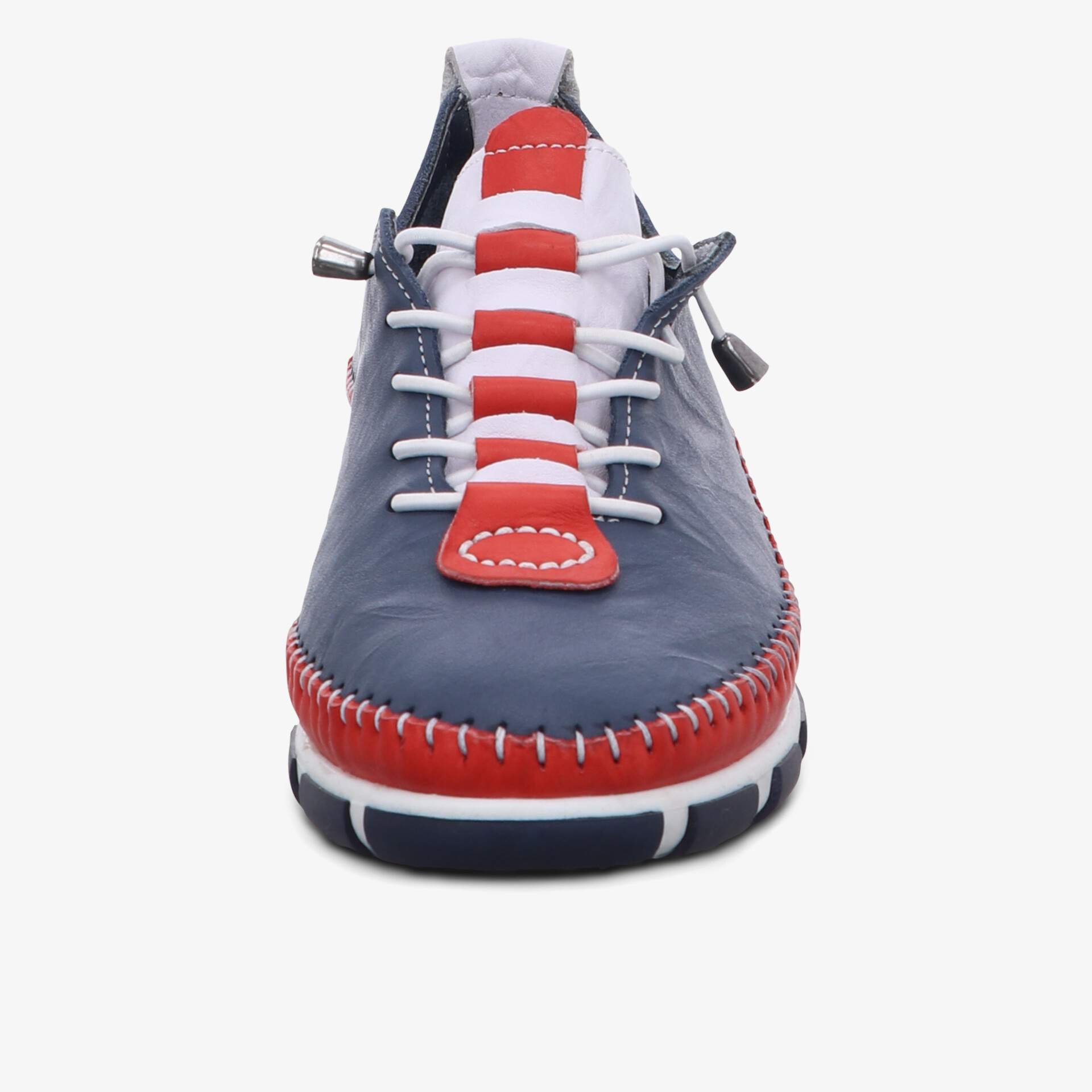 Moderner Schuh mit kontrastierenden Nähten und einzigartigem Design, ideal für Alltag und Freizeit.