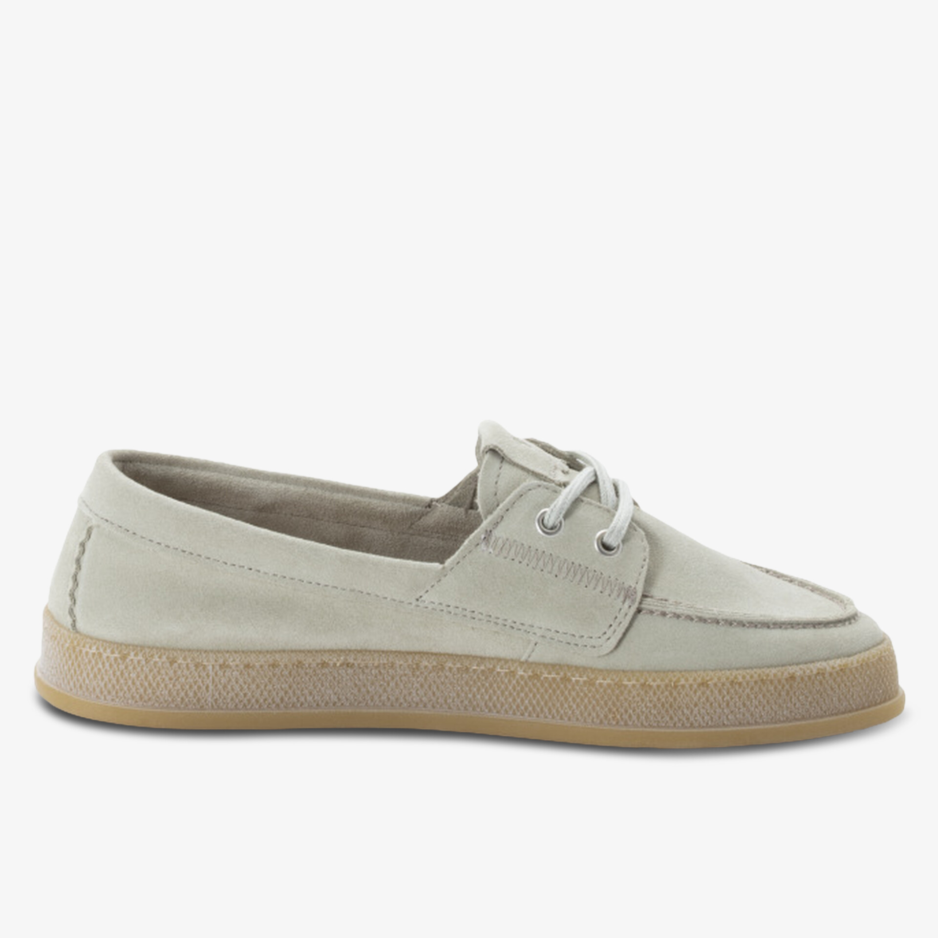 Seitliche Ansicht eines bequemen Schuhs mit leichter Sohle und klassischem, neutralem Design