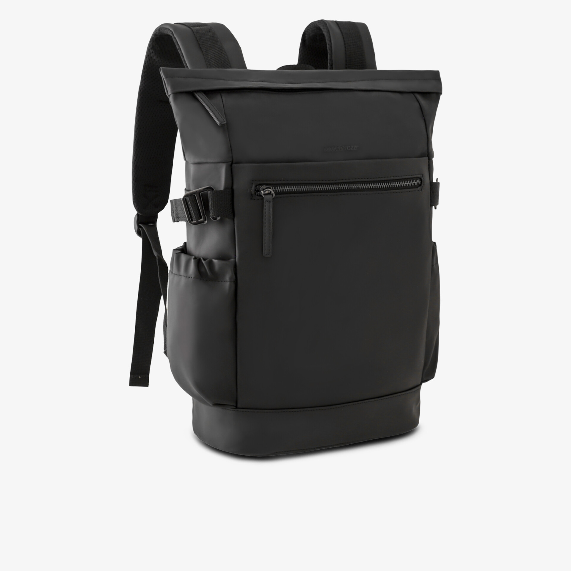 Moderner schwarzer Rucksack mit großem Hauptfach und gepolsterten Trägern, ideal für Alltag und Reisen