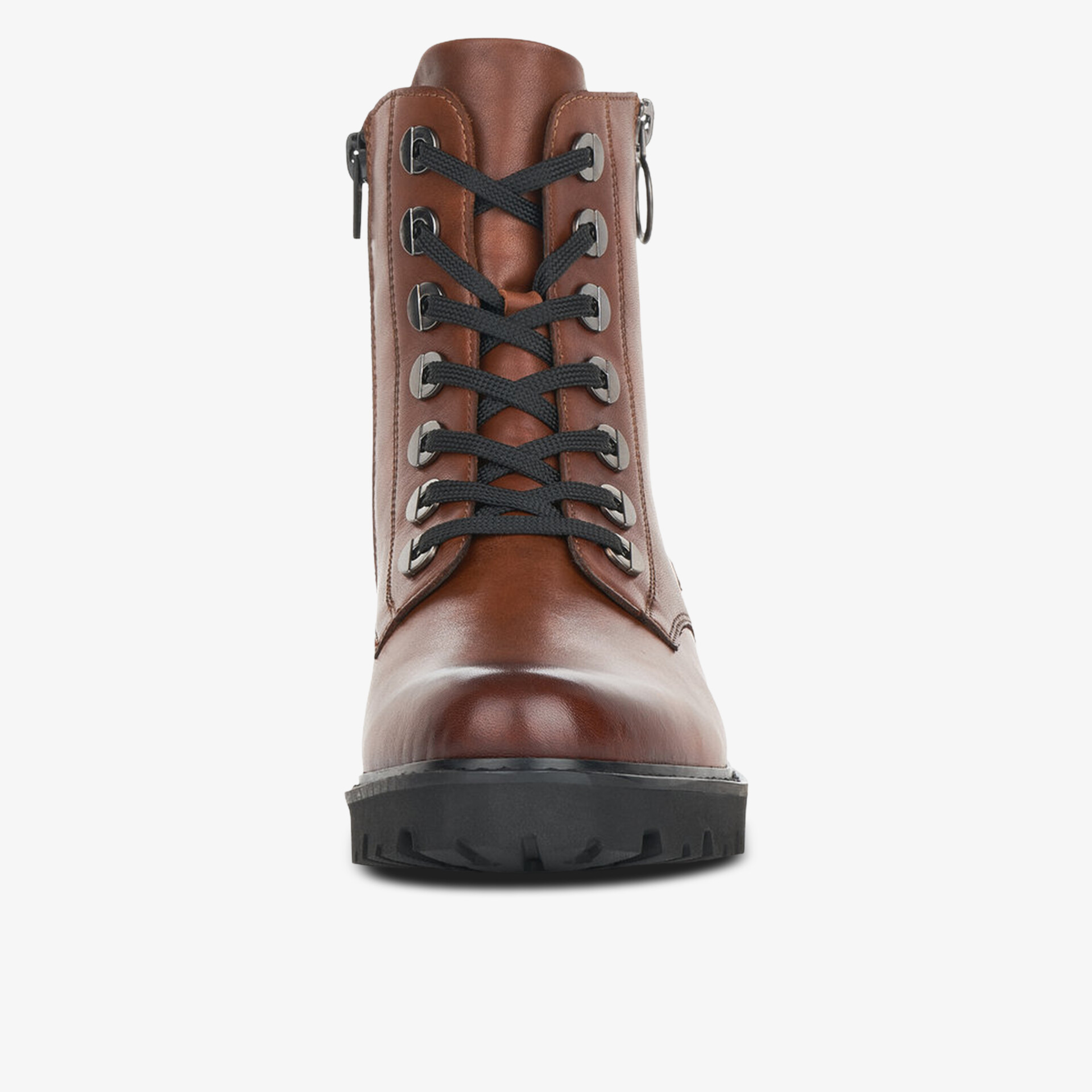 Robuster brauner Schnürstiefel mit breiter Sohle und hochwertigem Leder in Frontansicht