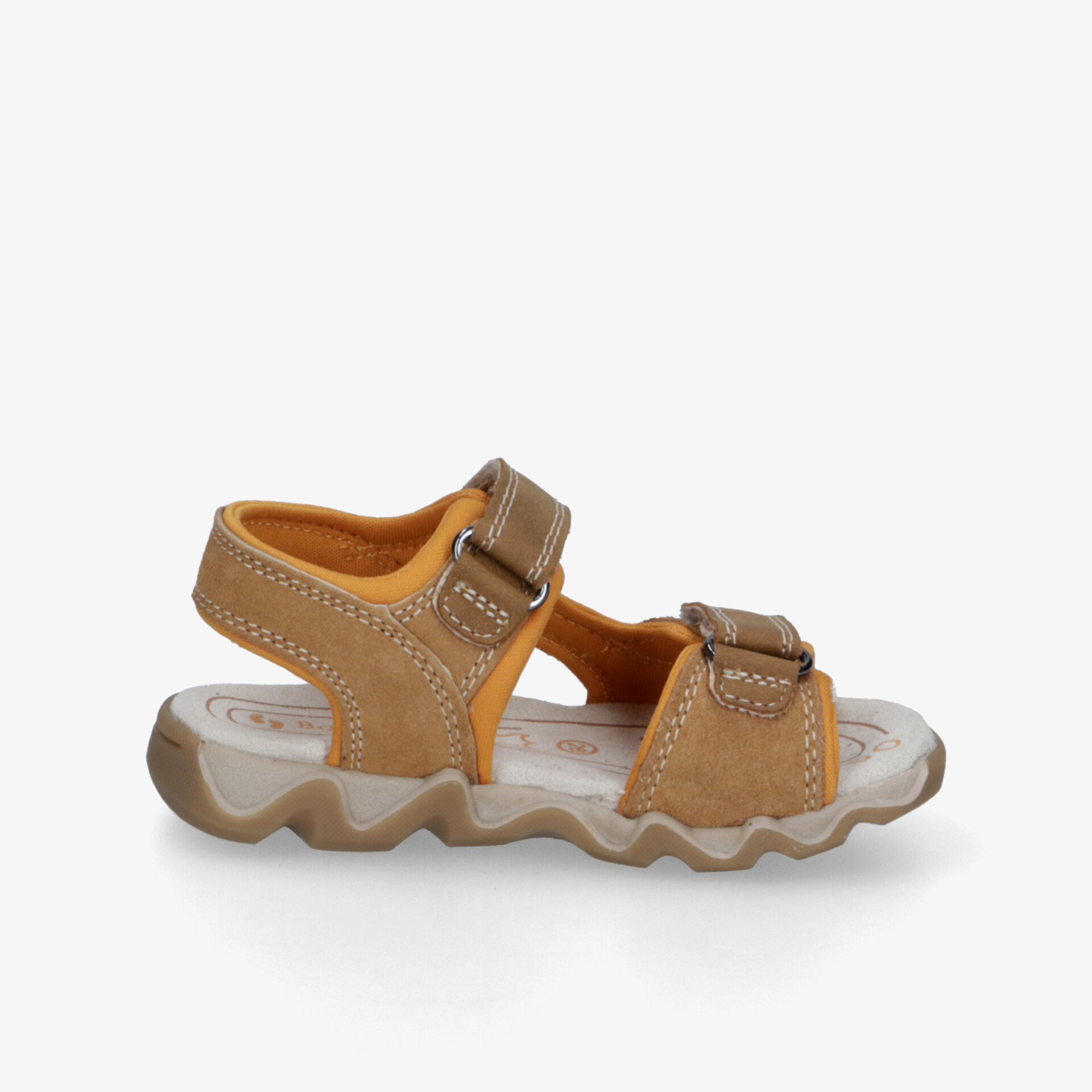 Beige-braune Sandale mit verstellbarem Klettverschluss und profilierter, flexibler Sohle für optimalen Tragekomfort