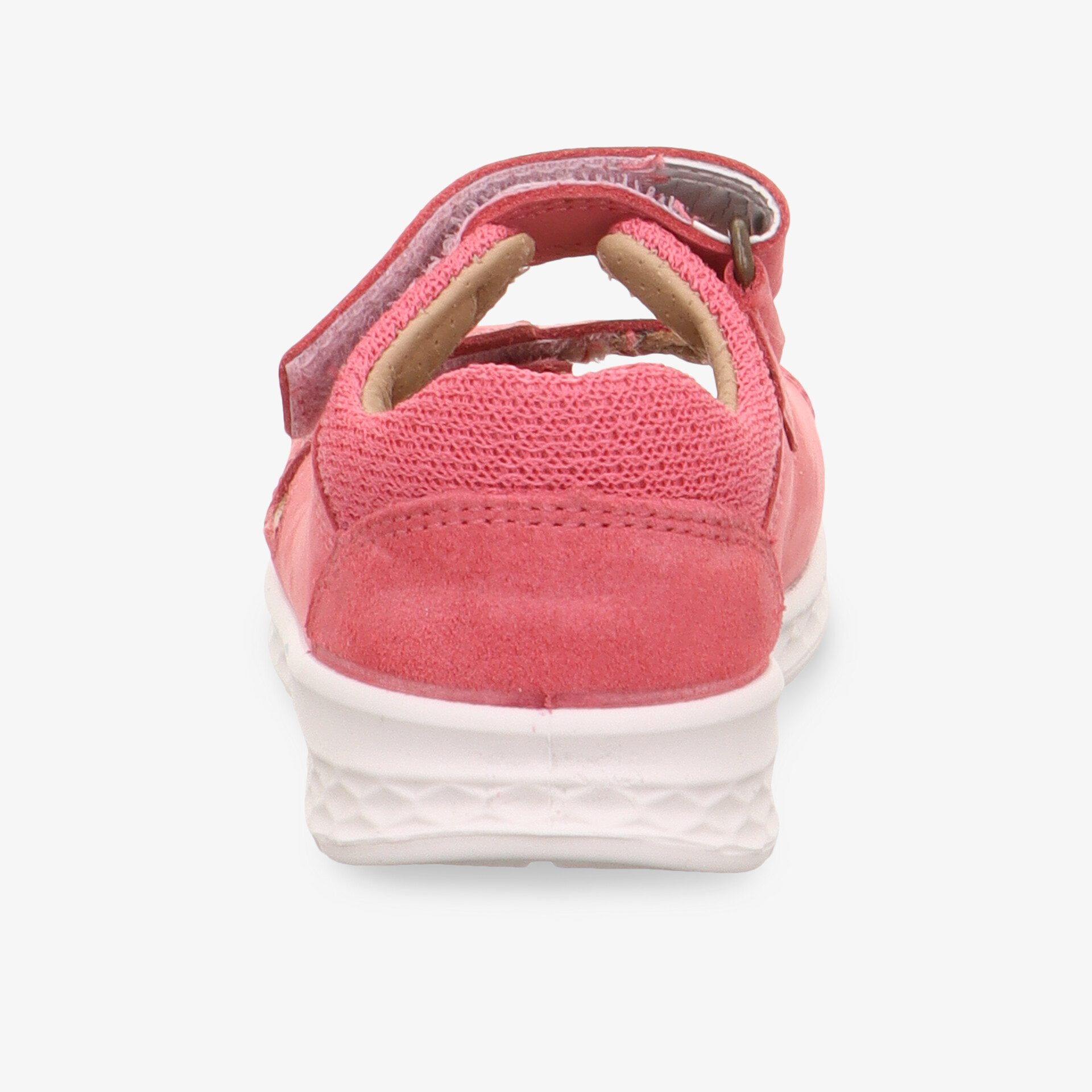 Rote Sandale mit verstellbarem Klettverschluss und gepolsterter Innensohle, bequemer und leichter Alltagsschuh von hinten