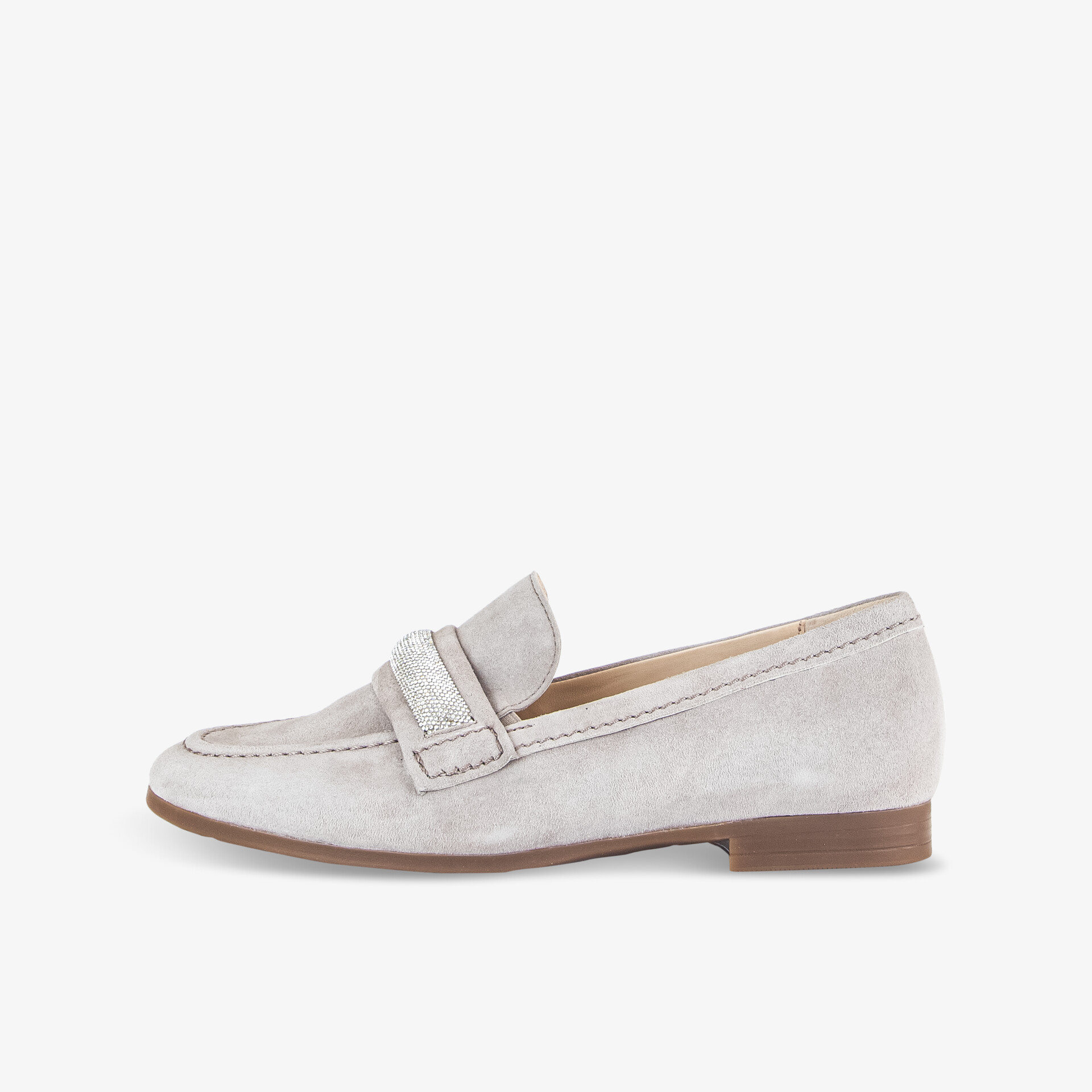 Eleganter grauer Loafer aus Leder mit flachem Absatz und flexiblem Design für komfortables Tragen im Alltag.