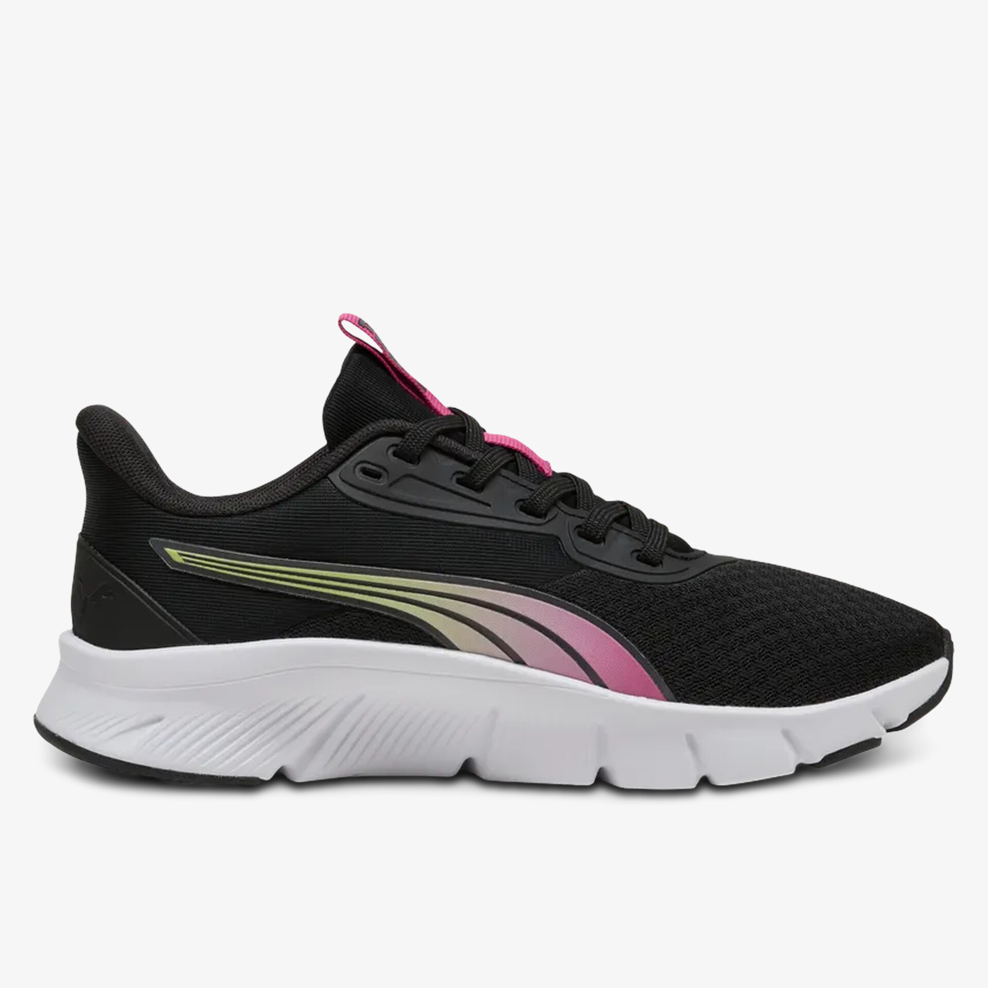 Leichter schwarzer Laufschuh mit pink-goldenem Akzent, atmungsaktivem Material und bequemer rutschfester Sohle, seitliche Ansicht