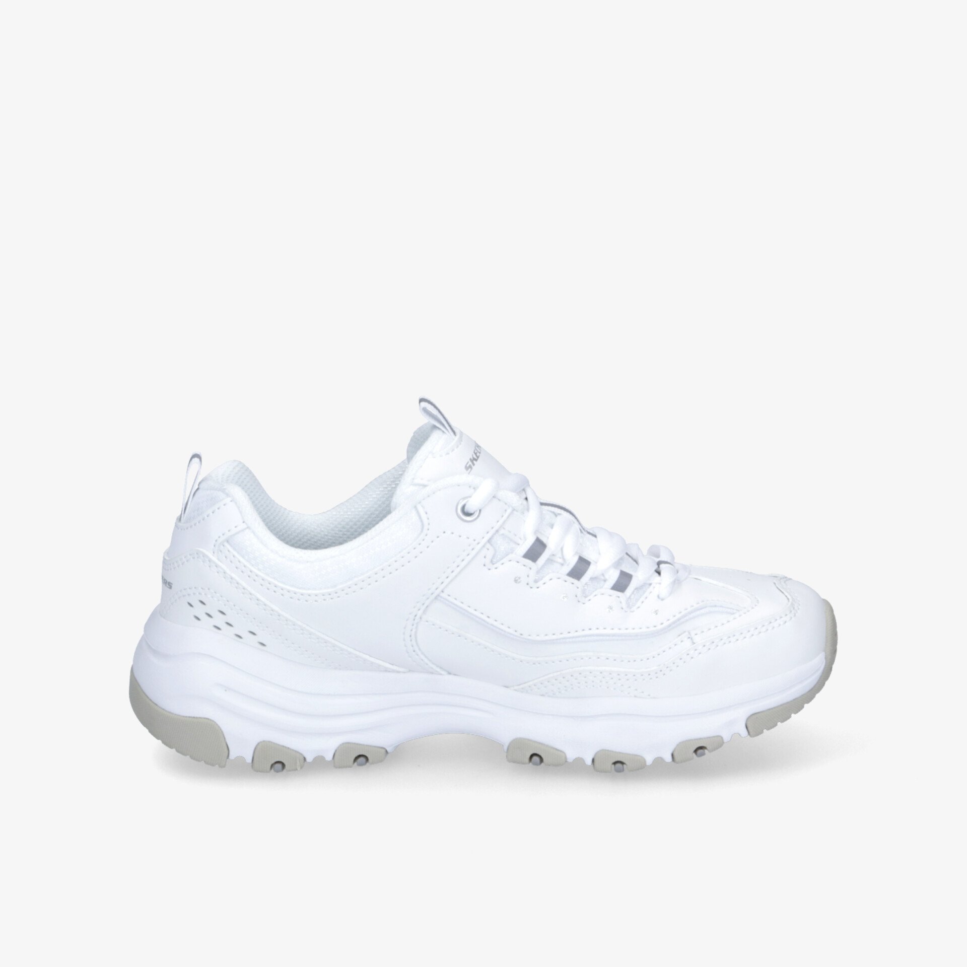 Moderner weißer Sneaker seitliche Ansicht, sportlich und bequem mit robuster, rutschfester Sohle