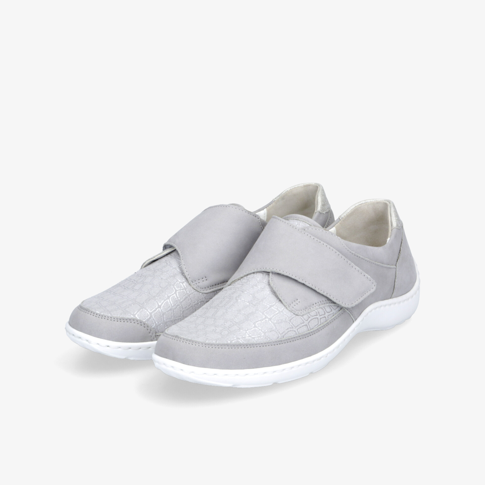 Grauer Sneaker mit Klettverschluss für bequemen Halt und flexible, atmungsaktive Materialien für ganztägigen Komfort