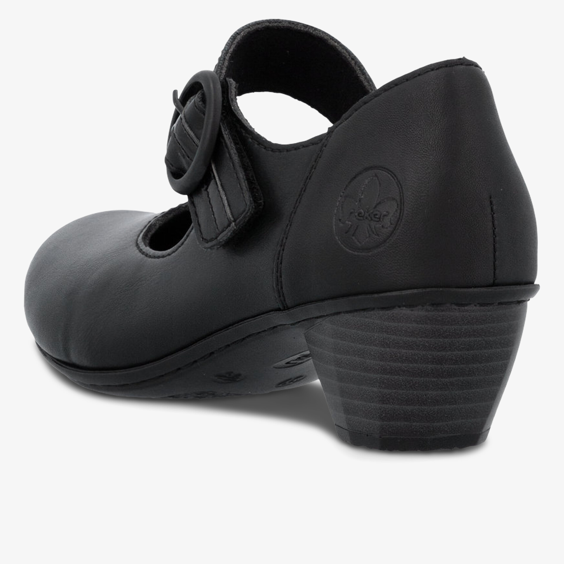 Schwarzer Schuh mit bequemem Absatz und verstellbarem Riemen, klare seitliche Ansicht