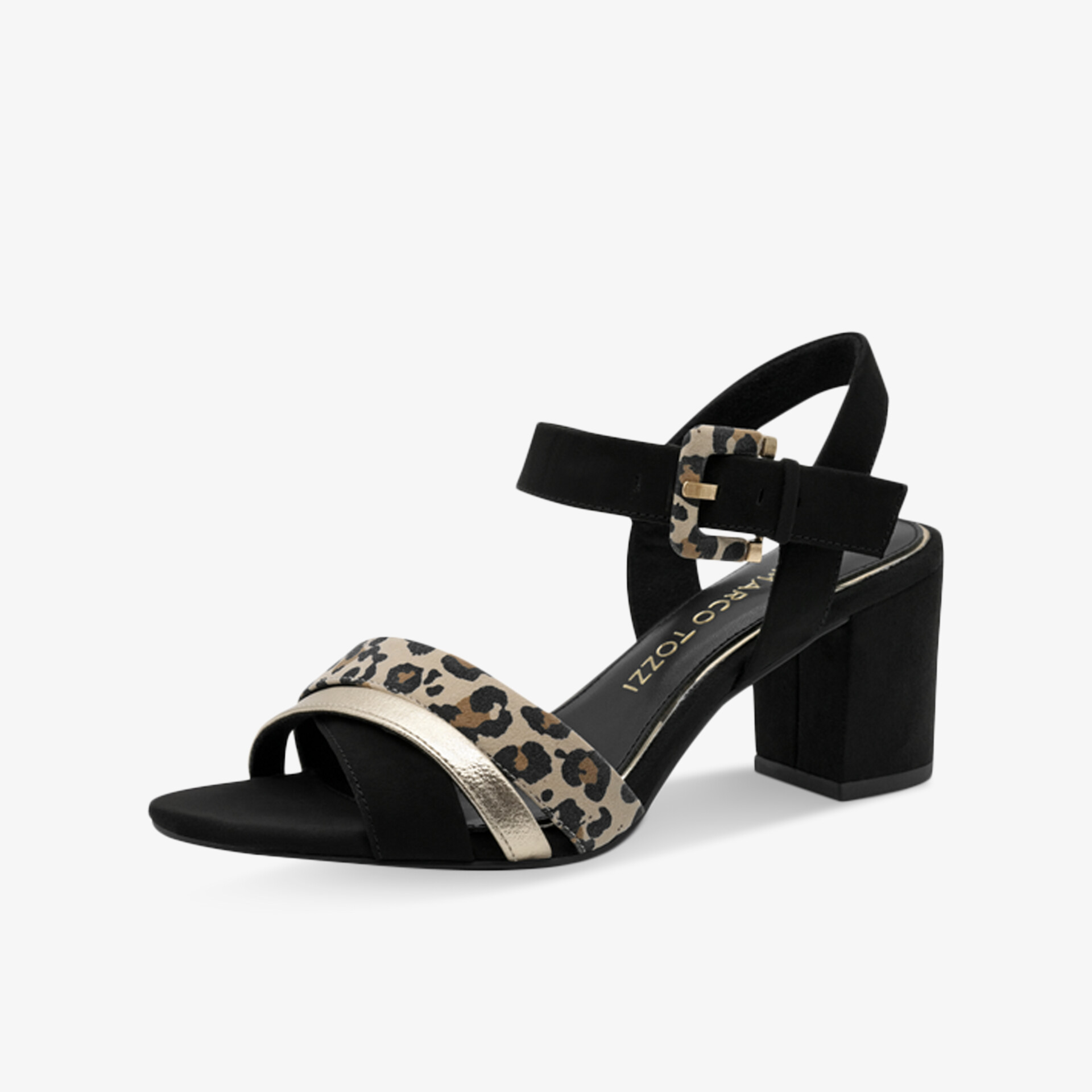 Modische Sandale mit bequemem Blockabsatz und verstellbarem Riemen, elegant mit Leopardenmuster und schwarzem Design