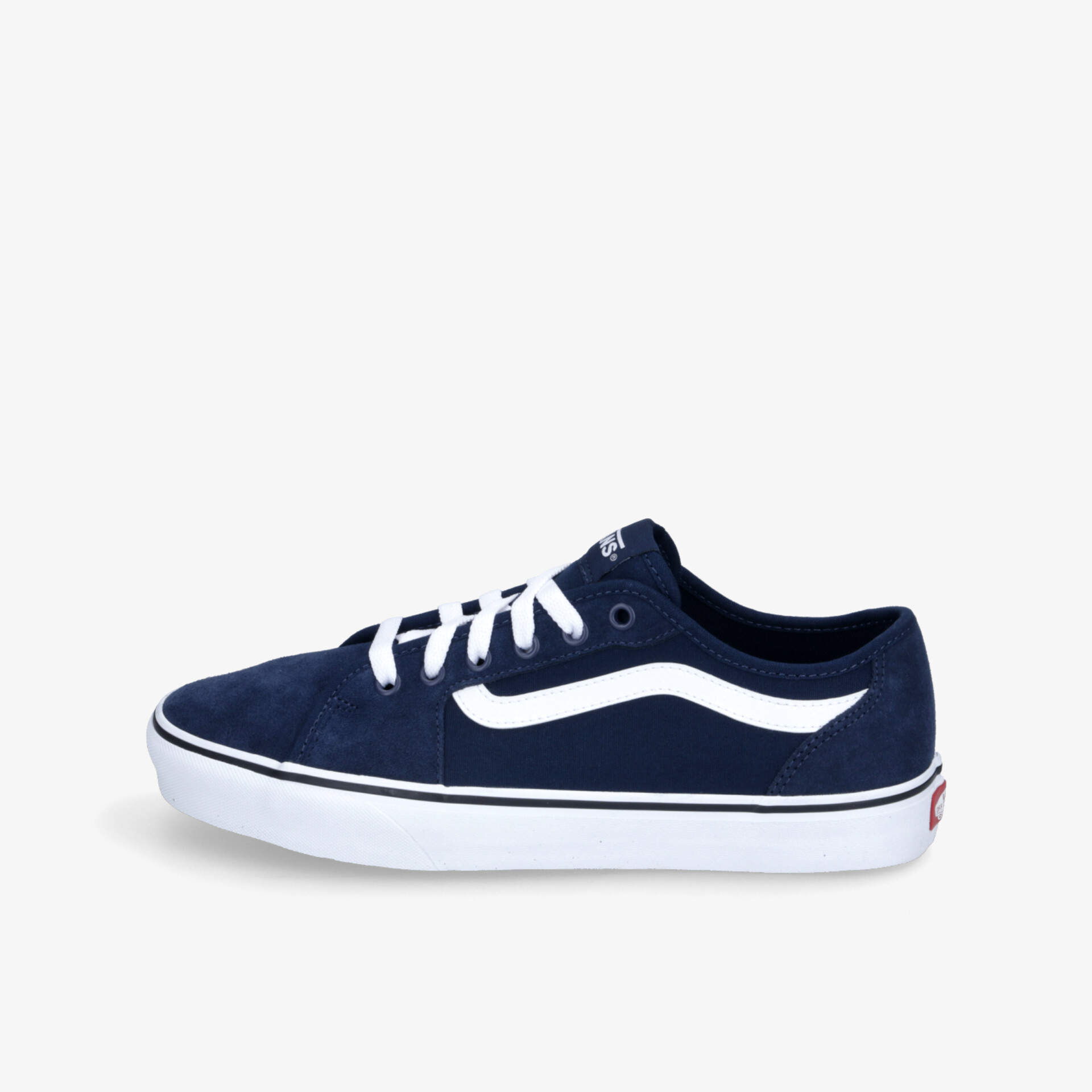 Seitliche Ansicht eines blauen Sneakers mit weißen Schnürsenkeln und weißer Sohle, sportlich und komfortabel