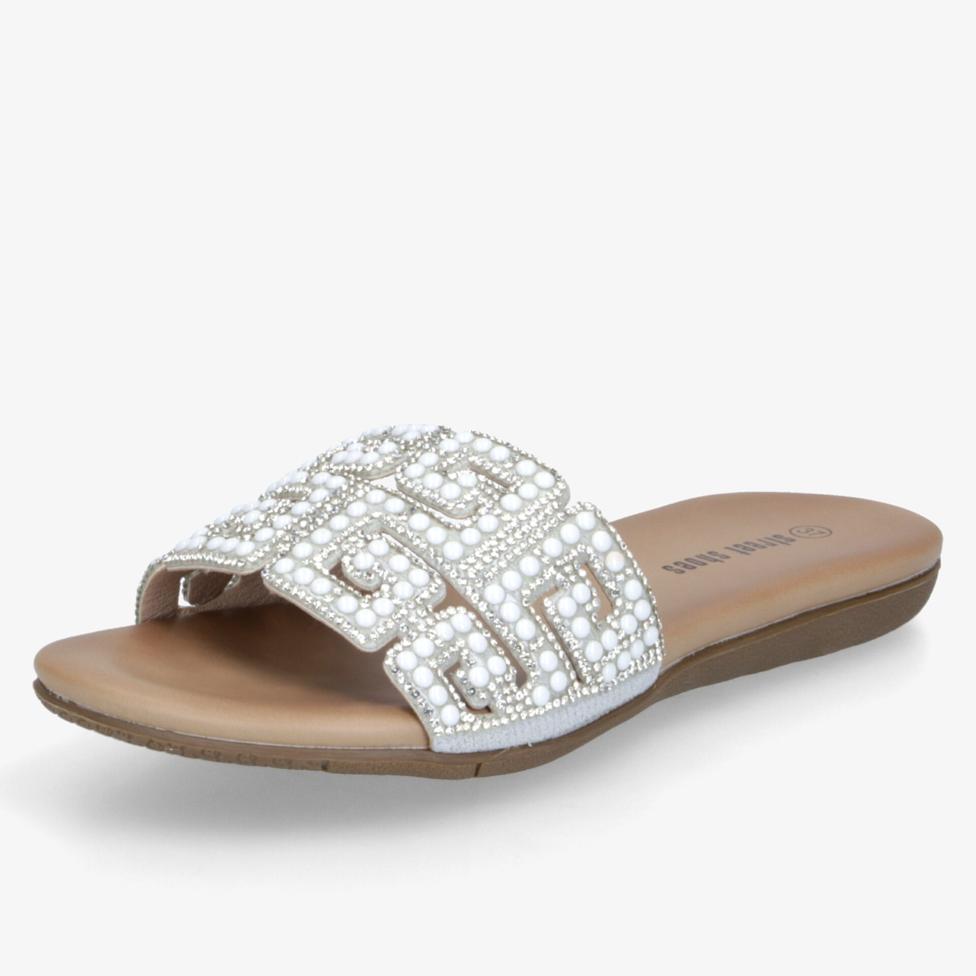 Elegante Slide Sandale mit perlenbesetztem Riemen, gepolstertem Fußbett und flacher Sohle für hohen Komfort und modischen Stil