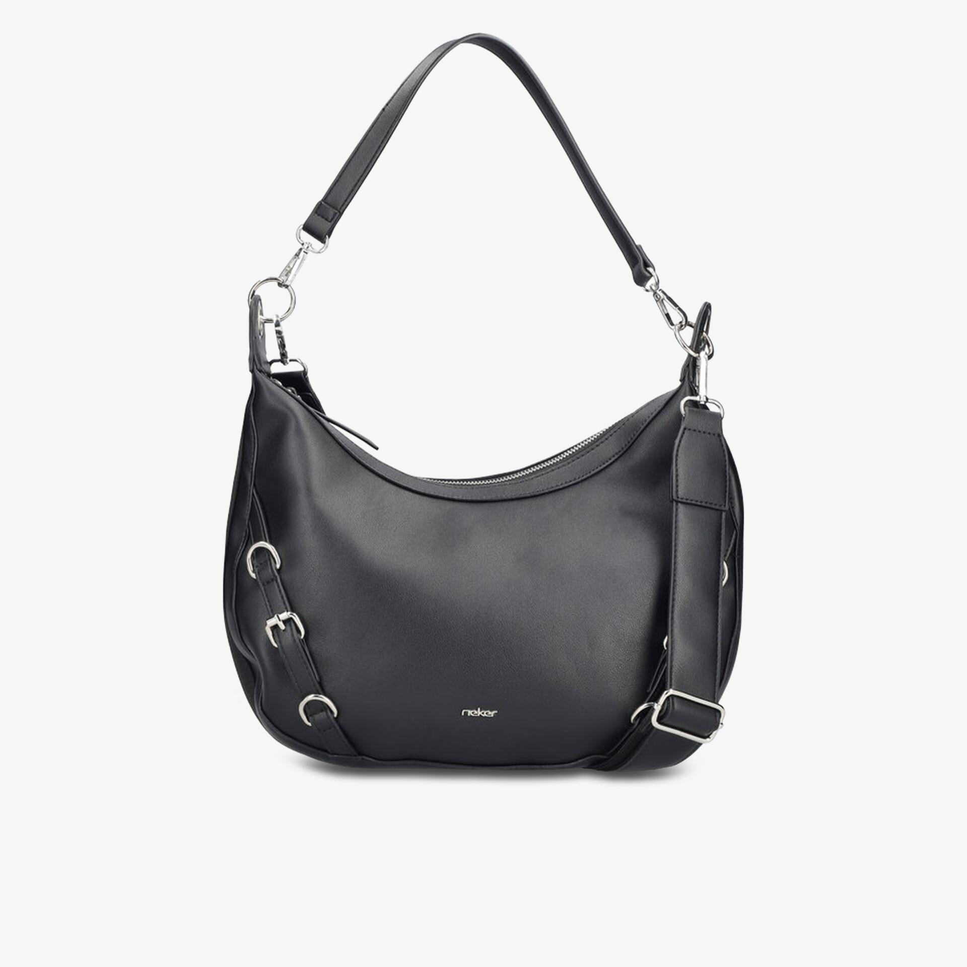 Elegante schwarze Handtasche mit verstellbarem Schulterriemen und modischer Ösenverzierung, ideal für vielseitige Nutzung