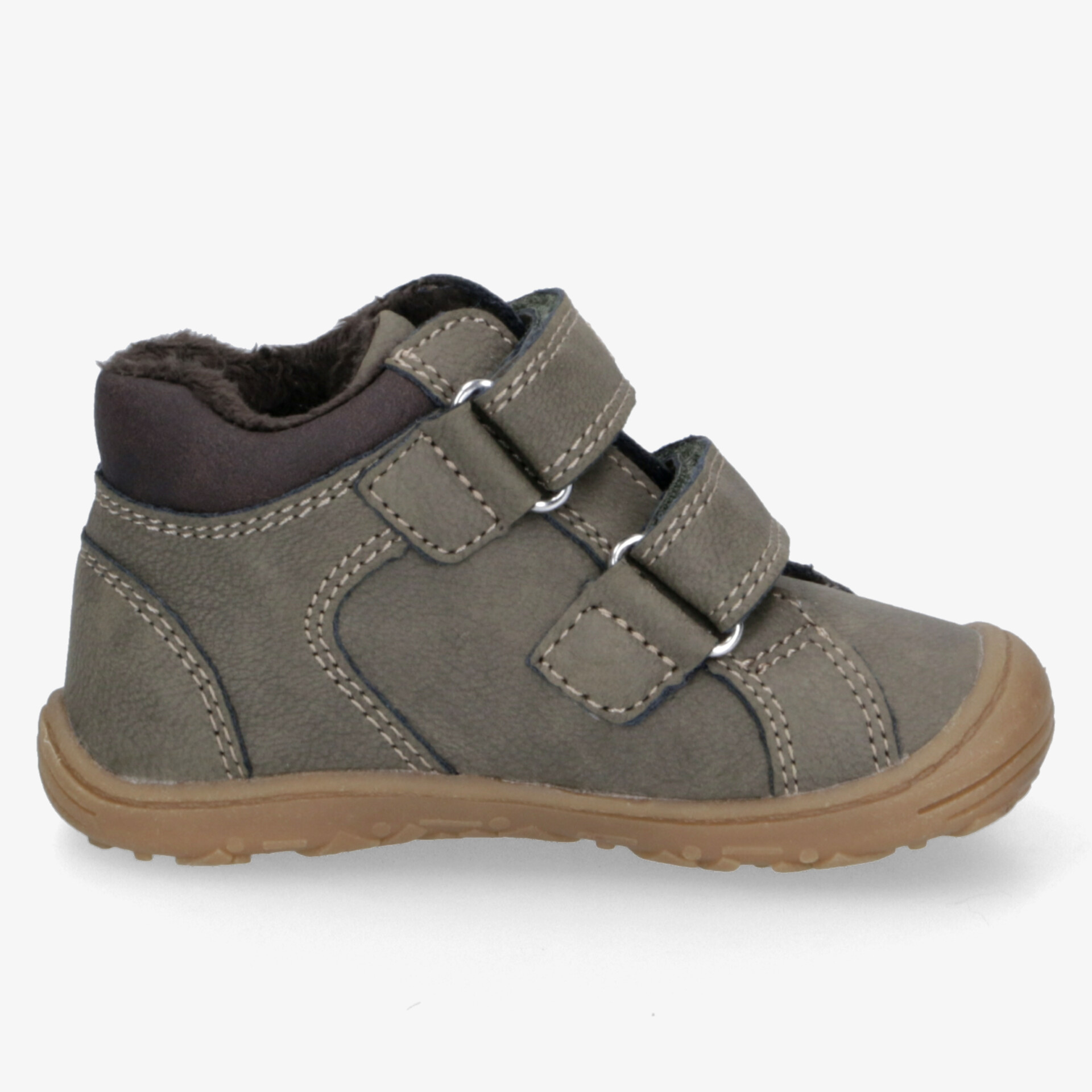 Seitenansicht eines robusten grauen Kinderschuhs mit Klettverschlüssen, rutschfester Sohle und weichem Innenfutter