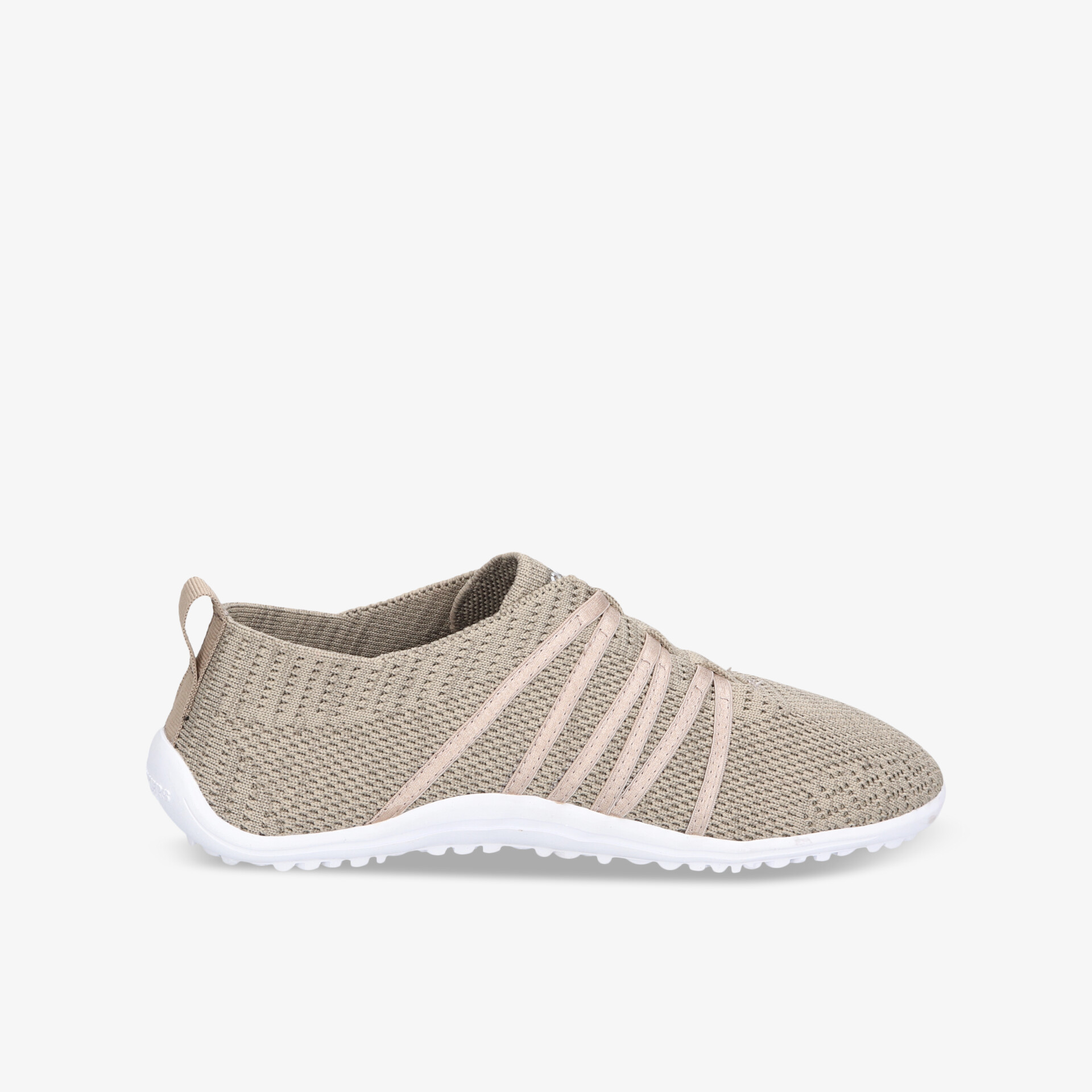 Beiger, leichter Sneaker mit flexiblem, rutschfestem Profil und elastischem, atmungsaktivem Obermaterial, seitliche Ansicht