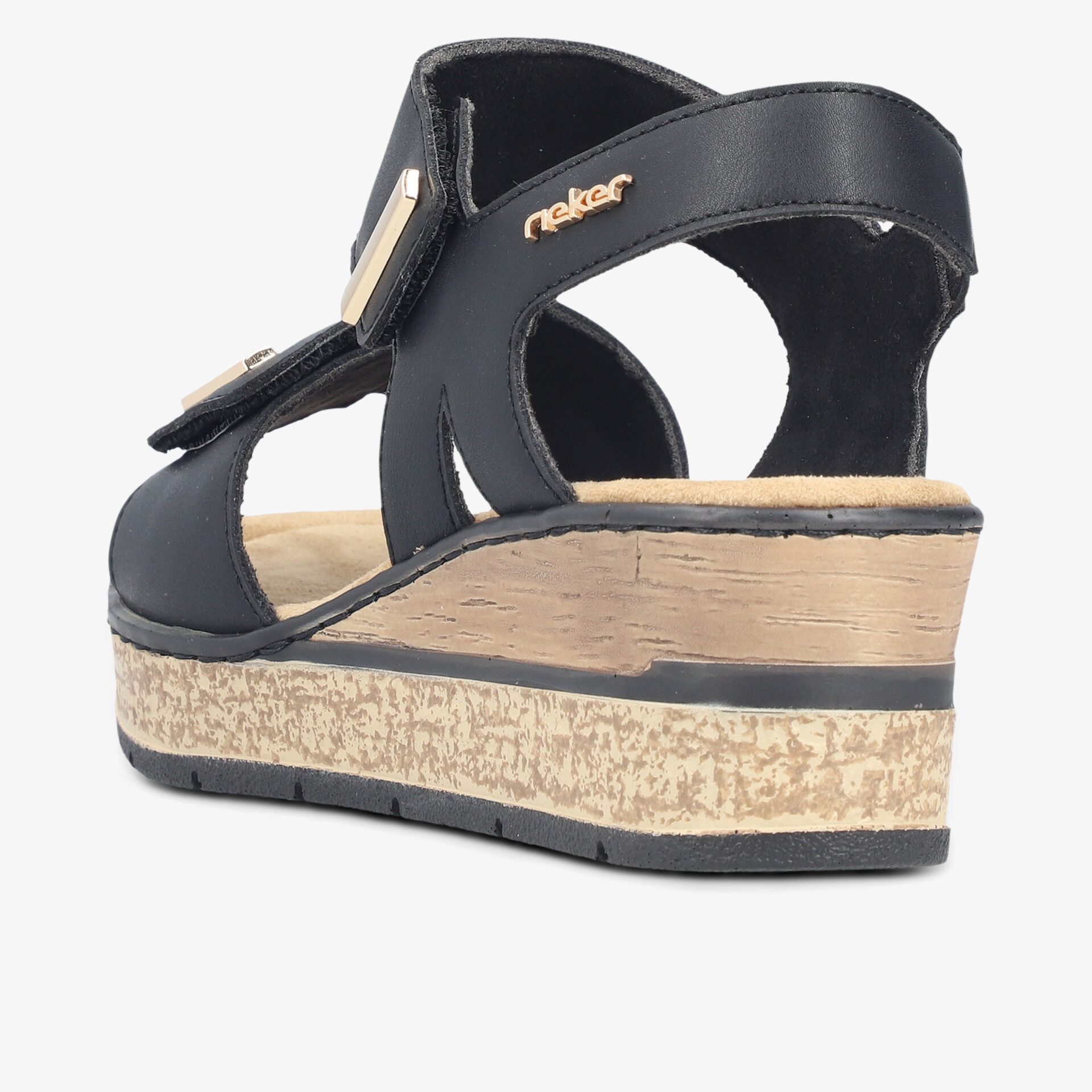 Schwarze Sandale mit Keilabsatz und verstellbarem Riemen für hohen Tragekomfort und modischen Look