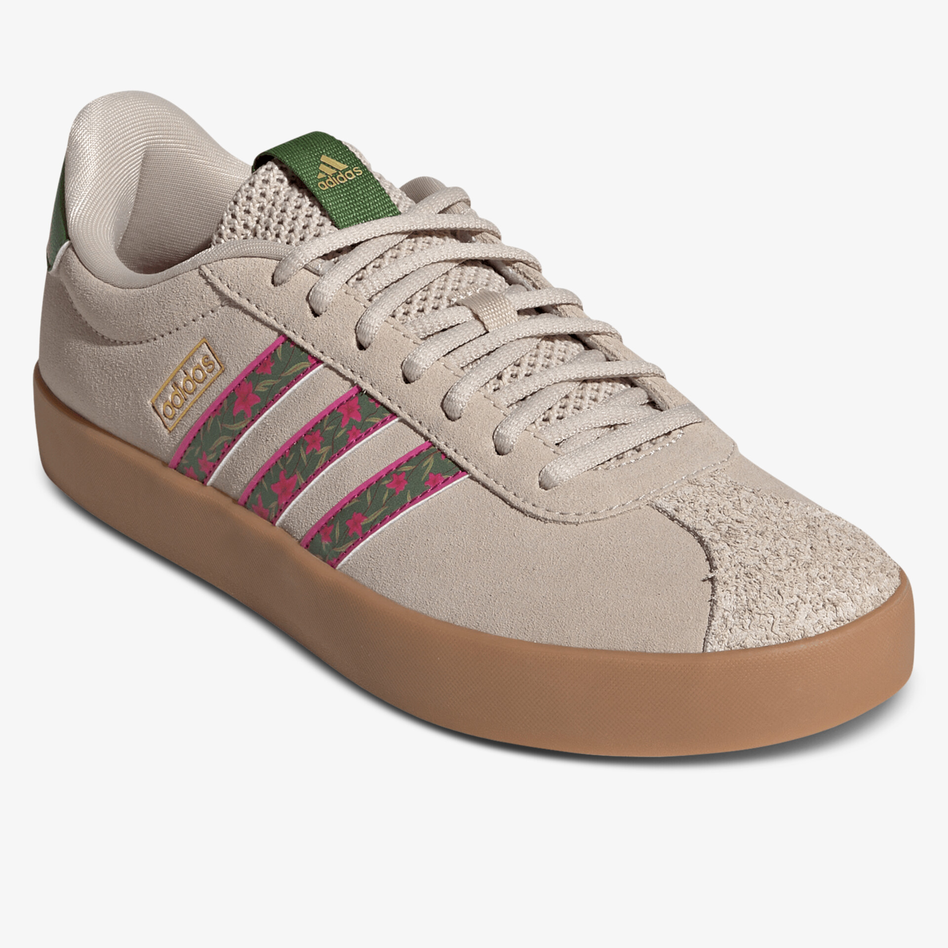 Beiger Sneaker mit farbigen Streifen, robuster Laufsohle und bequemem Sitz für vielseitigen Einsatz