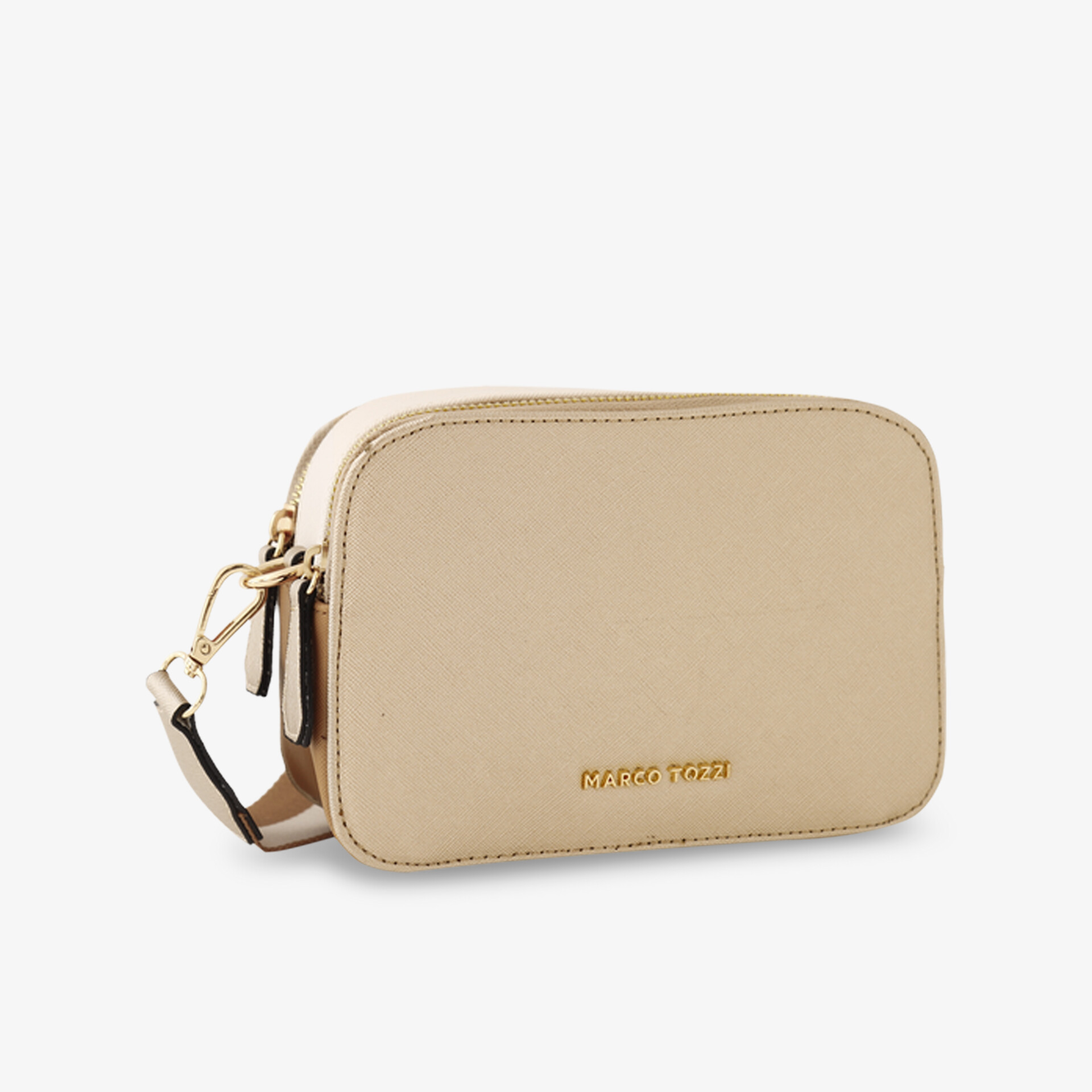 Beige kompakte rechteckige Tasche mit goldenen Akzenten und verstellbarem Schulterriemen, modernes Design