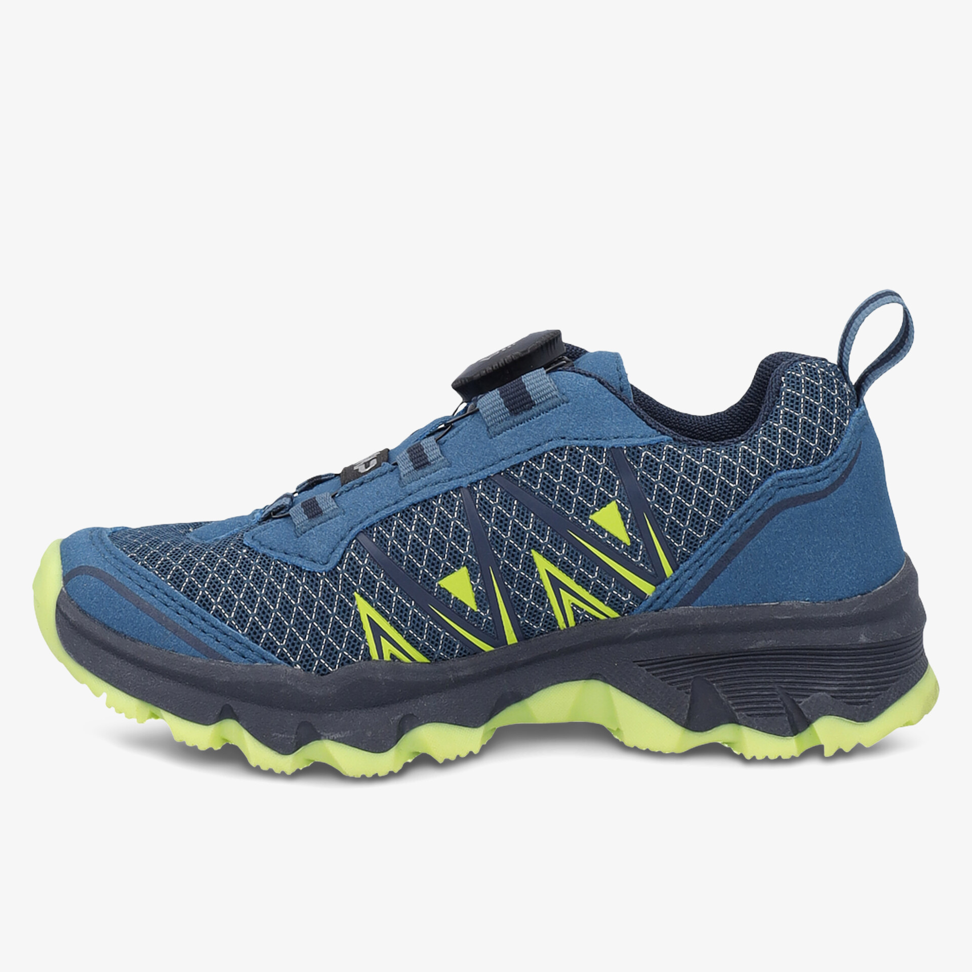 Sportlicher Schuh mit atmungsaktivem Obermaterial und stabiler Laufsohle in blau und gelb.