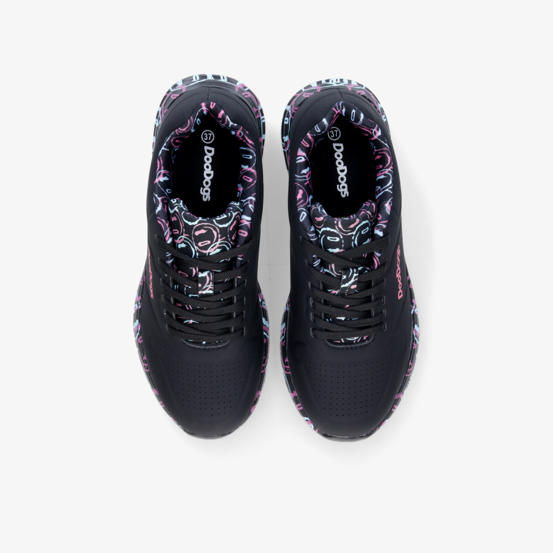 Schwarze Sportschuhe mit farbigen Mustern, bequem und leicht, optimaler Halt durch Schnürung, Draufsicht Paar