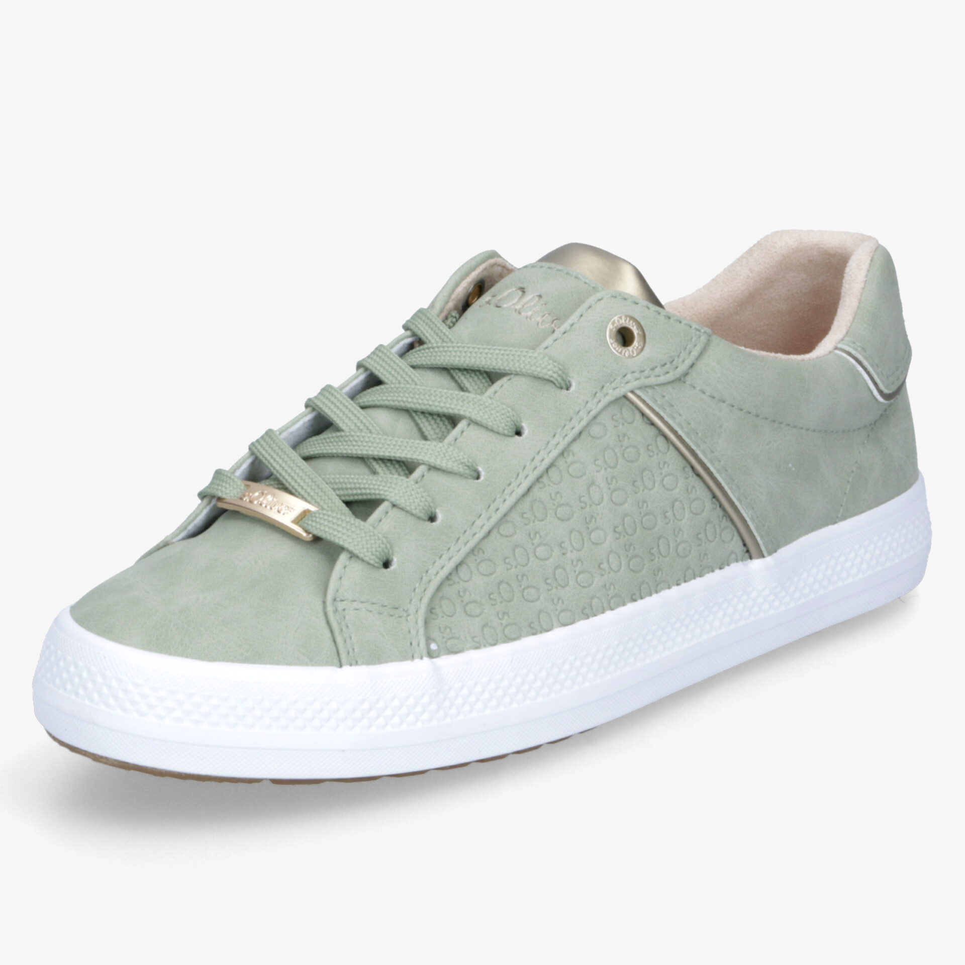 Mintgrüner Sneaker mit weißem Sohlenrand, bequeme Passform und modisches Design in schräger Vorderansicht