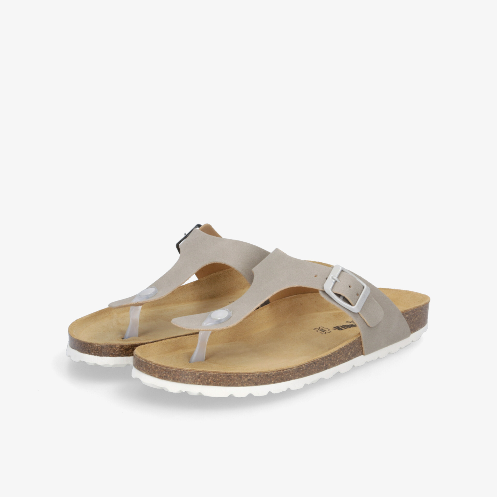 Bequeme beige Zehensteg-Sandale mit verstellbarem Riemen und weichem Fußbett, ideal für den Alltag