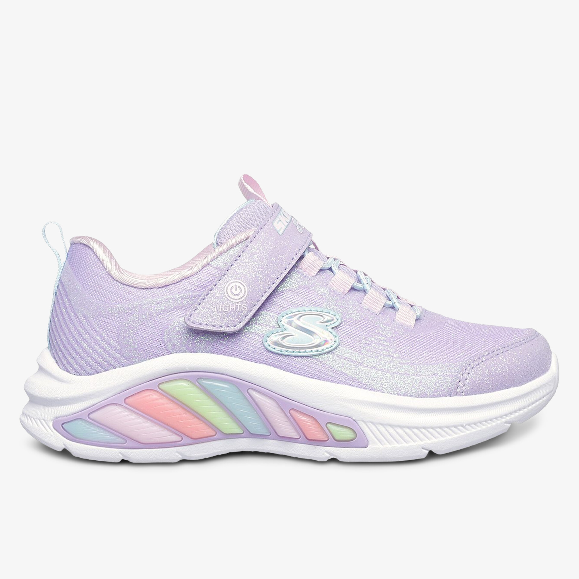 Stylische lila Sneaker mit Regenbogen-Details und Klettverschluss für optimalen Komfort.