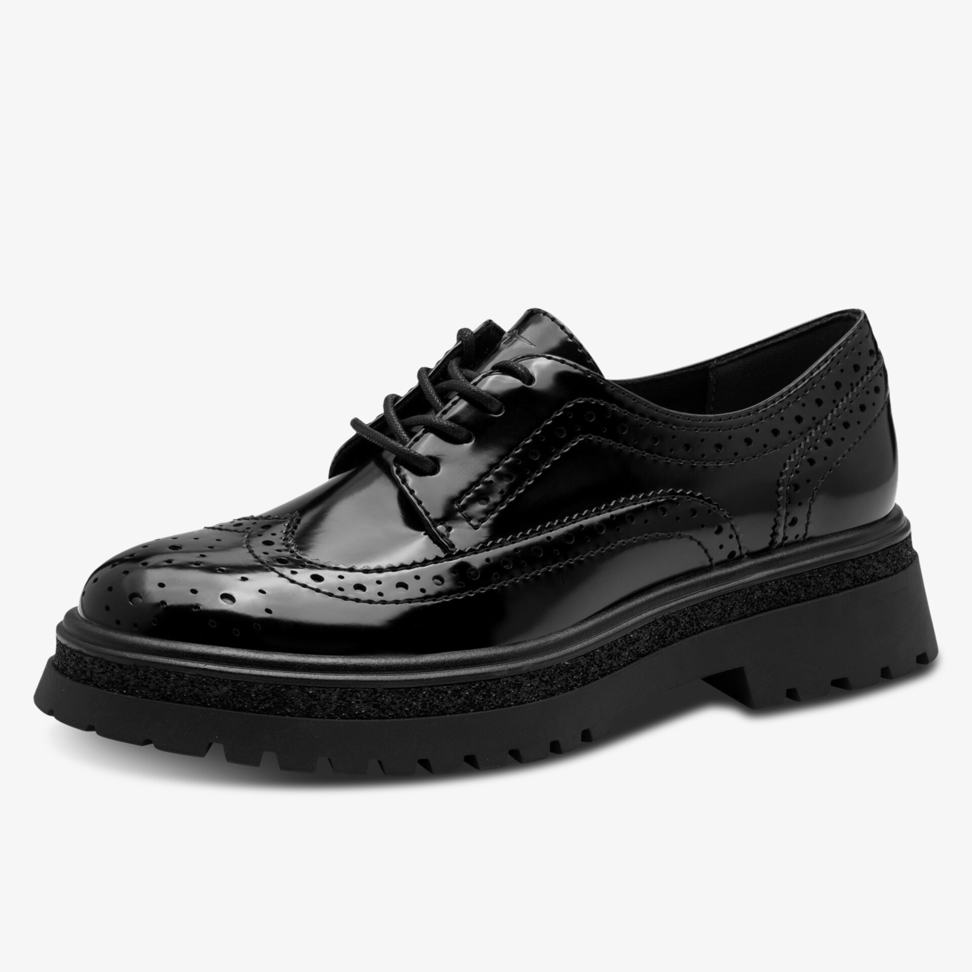 Eleganter schwarzer Brogue-Schnürschuh mit glänzender Oberfläche und markantem Lochmuster