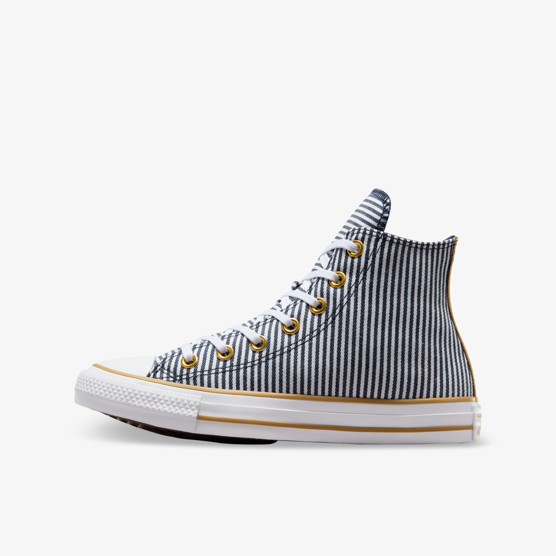 Hoher Sneaker mit blau-weißen Streifen, strapazierfähiges Material und bequemer Passform, seitliche Ansicht