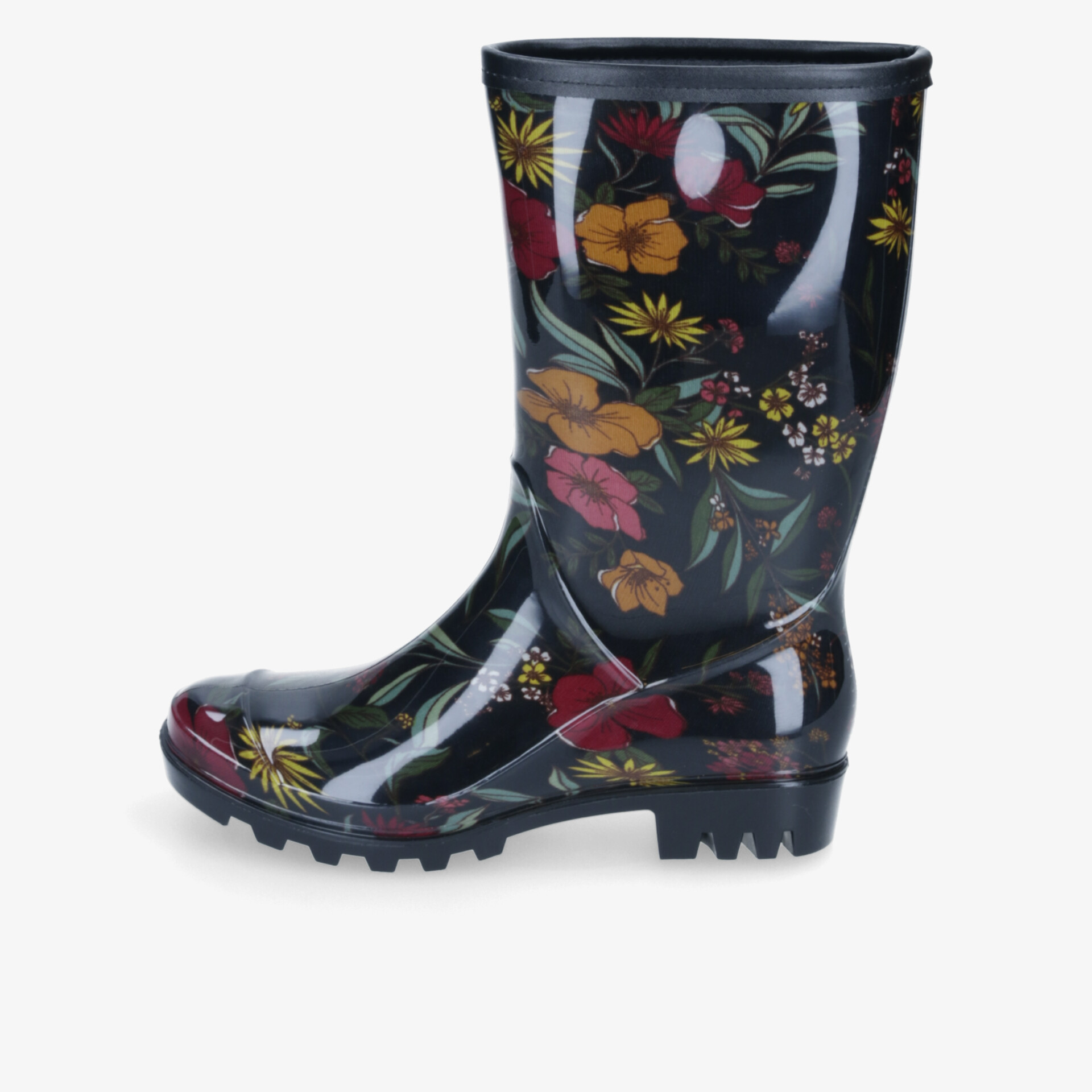Stilvolle Gummistiefel mit farbenfrohem Blumenmuster und rutschfester Sohle für optimalen Tragekomfort.