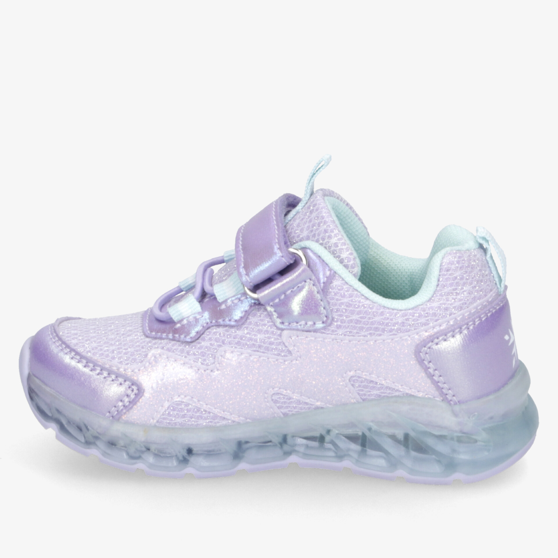 Sportlicher lila Kinderschuh mit flexiblem Klettverschluss und rutschfester, transparenter Laufsohle für optimalen Halt