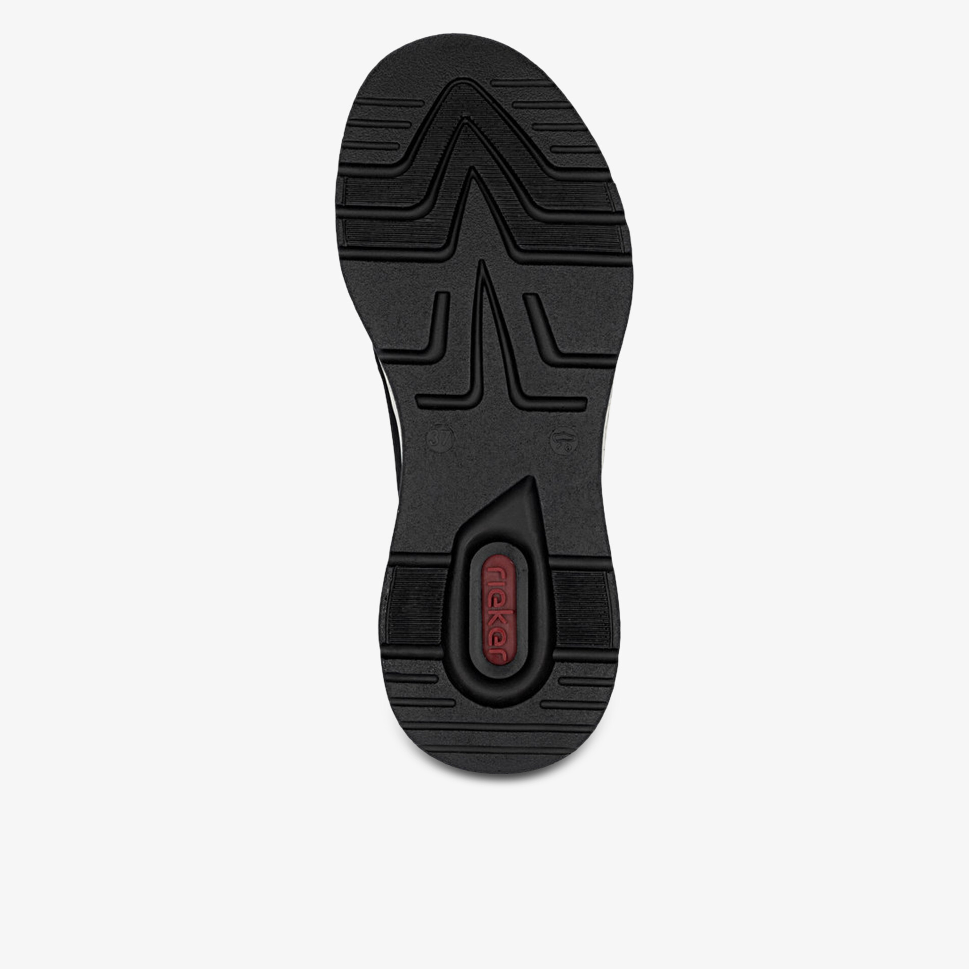 Schwarze Schuhsohle mit tiefem Profil, robust und rutschfest für stabilen Halt