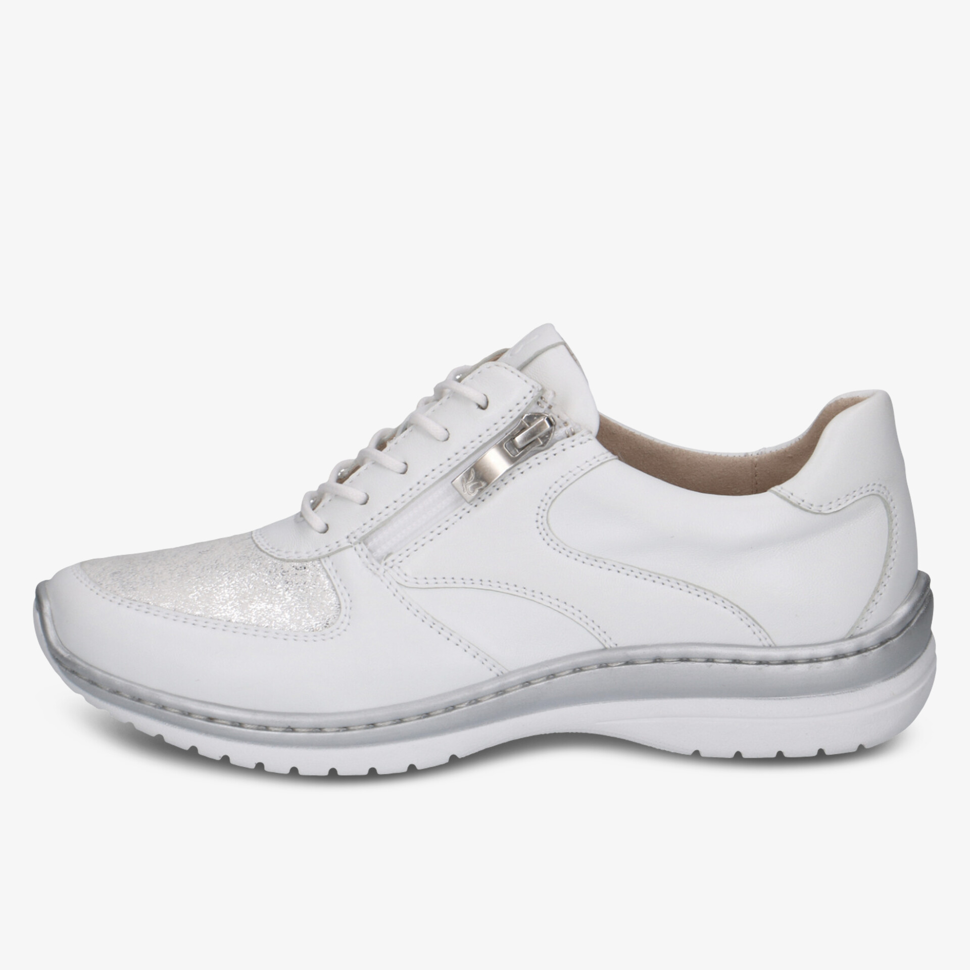 Weißer Schuh in klarer Seitansicht mit schnürbarem Design und Reißverschluss, komfortabel und sportlich