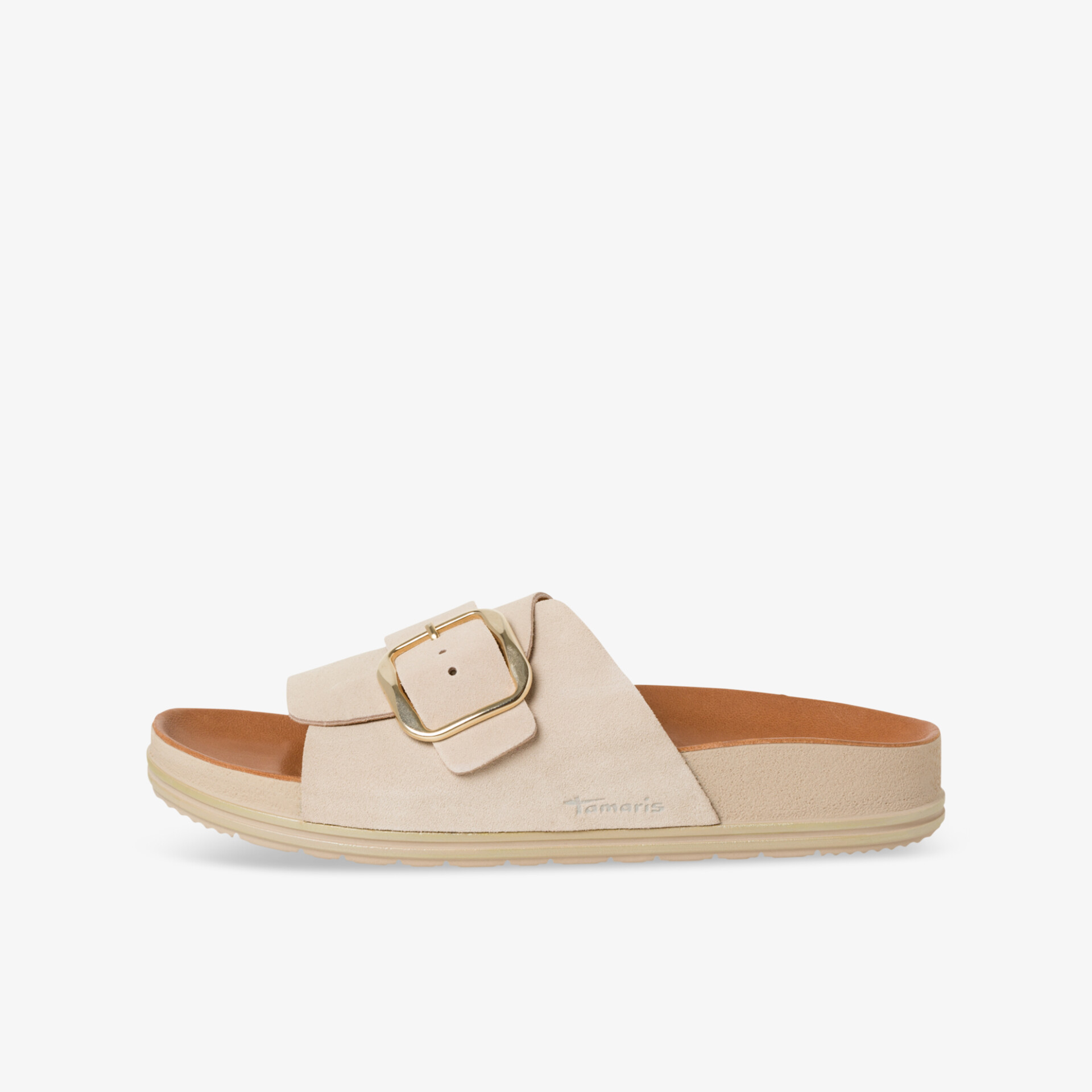 Bequeme beige Sandale mit weichem Fußbett und verstellbarem Riemen für optimalen Tragekomfort